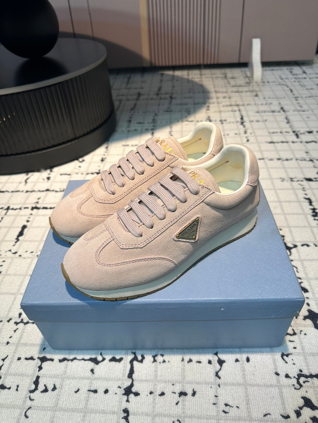 PRADA TRIANGLE LOGO SNEAKERS PASTEL PINK SUEDE