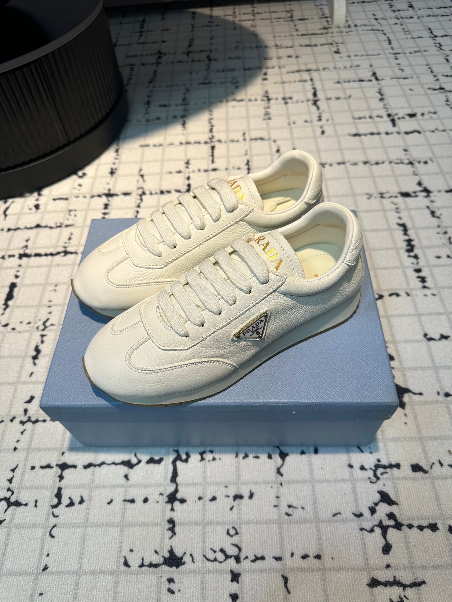 PRADA TRIANGLE LOGO SNEAKERS WHITE CALFSKIN
