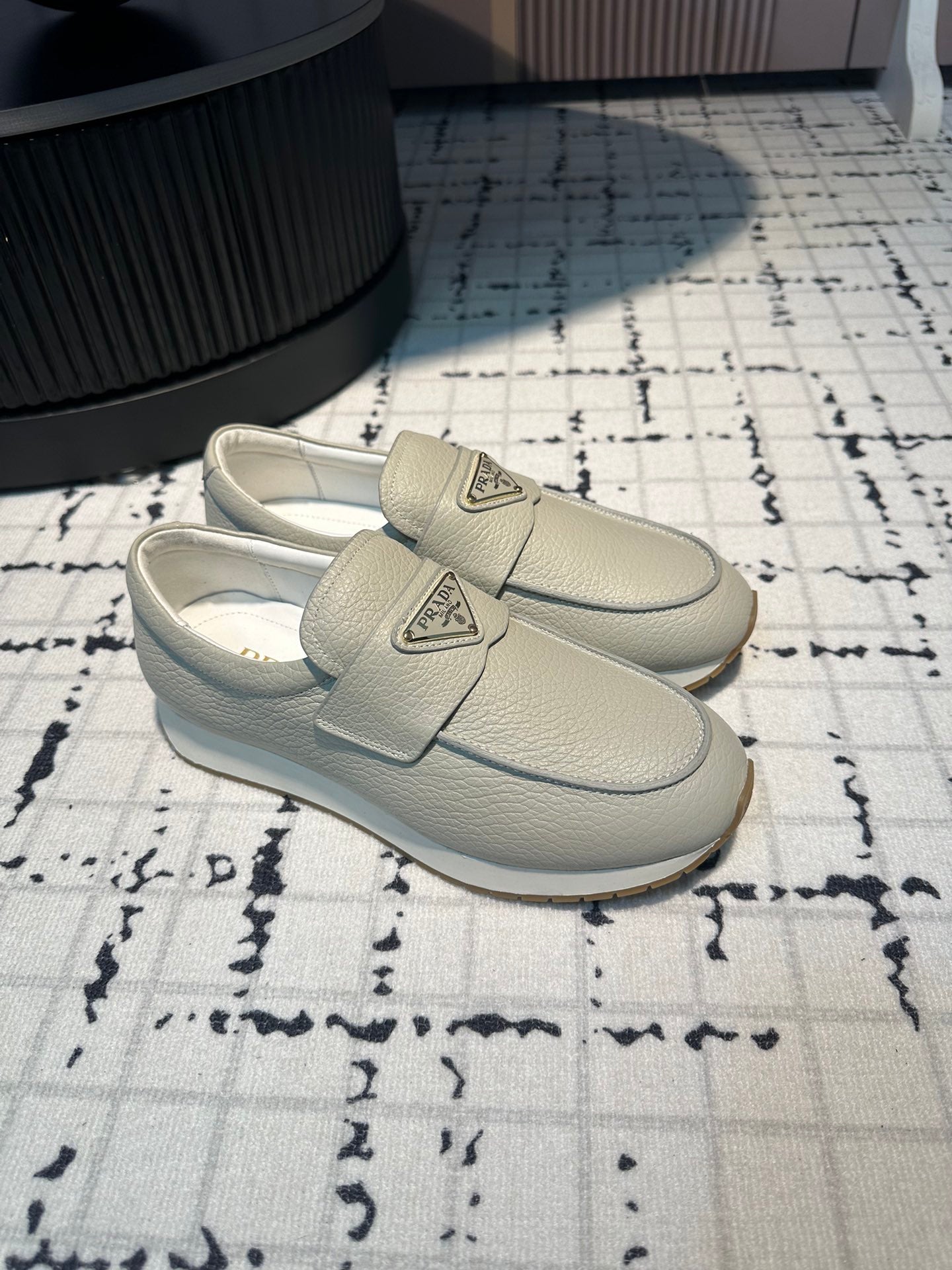 PRADA SPORTY STYLE LOAFERS LIGHT GRAY CALFSKIN