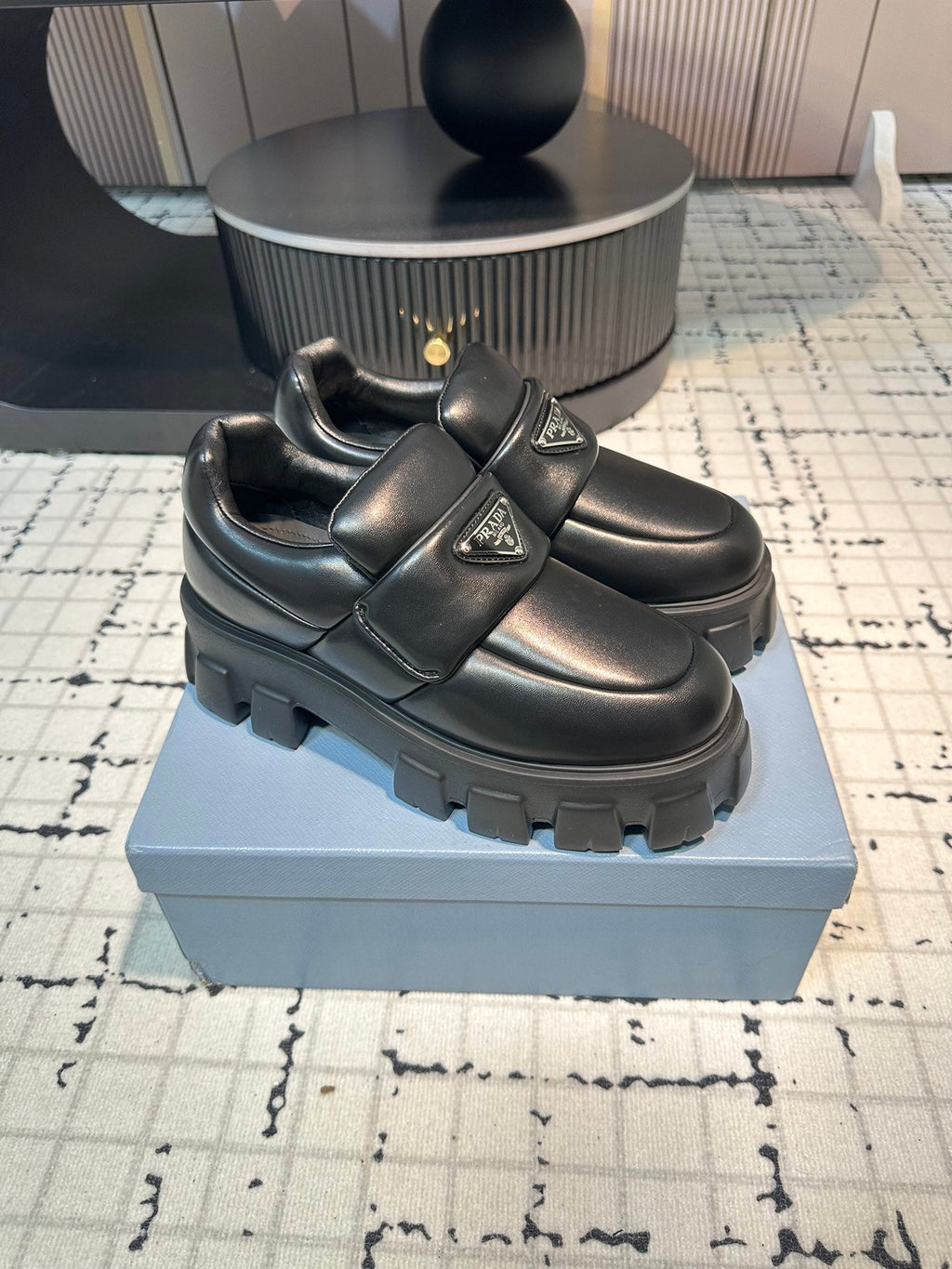 PRADA BRUSHED MONOLITH LOAFERS BLACK LAMBSKIN