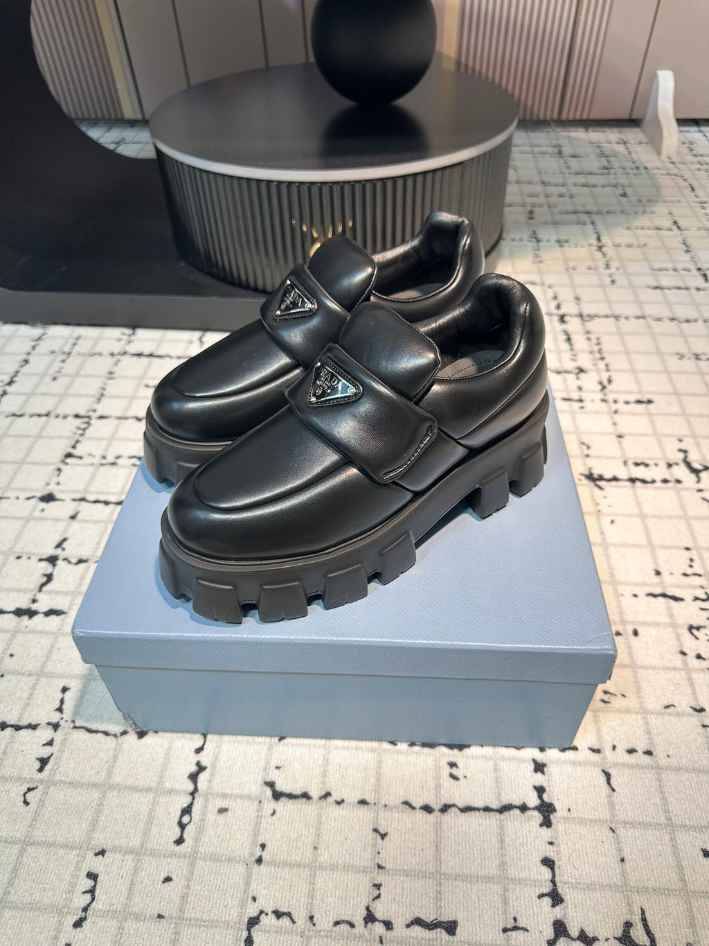 PRADA BRUSHED MONOLITH LOAFERS BLACK LAMBSKIN