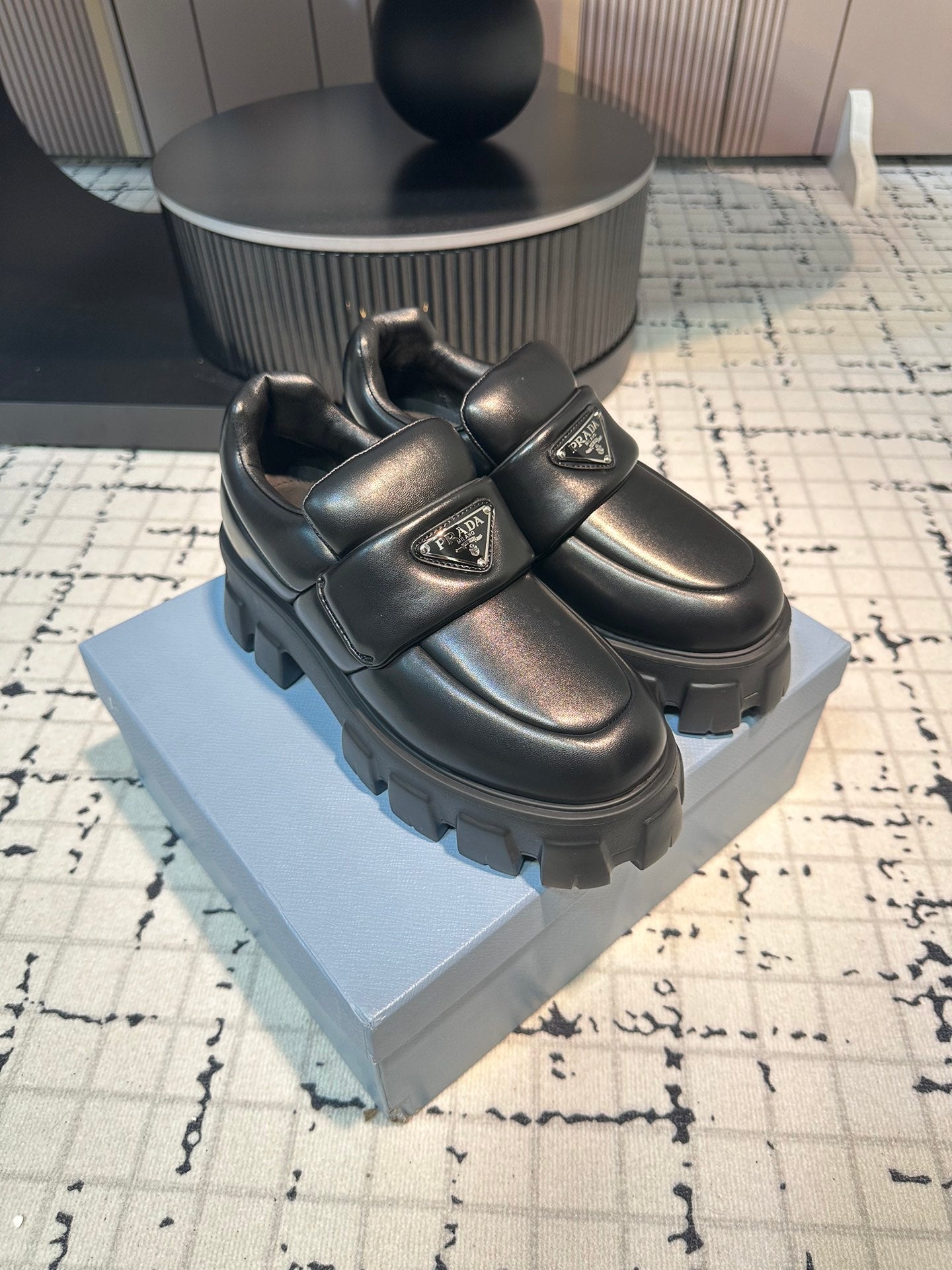 PRADA BRUSHED MONOLITH LOAFERS BLACK LAMBSKIN
