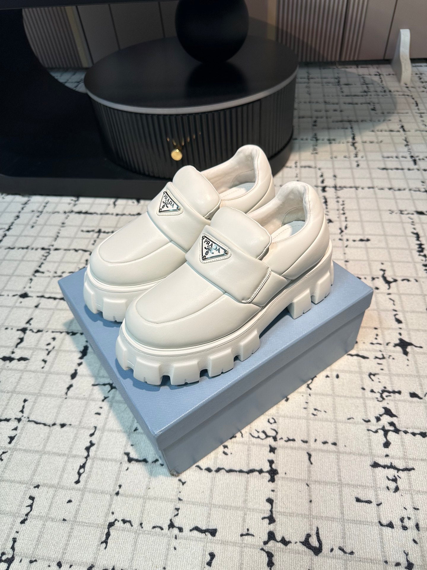 PRADA BRUSHED MONOLITH LOAFERS WHITE LAMBSKIN