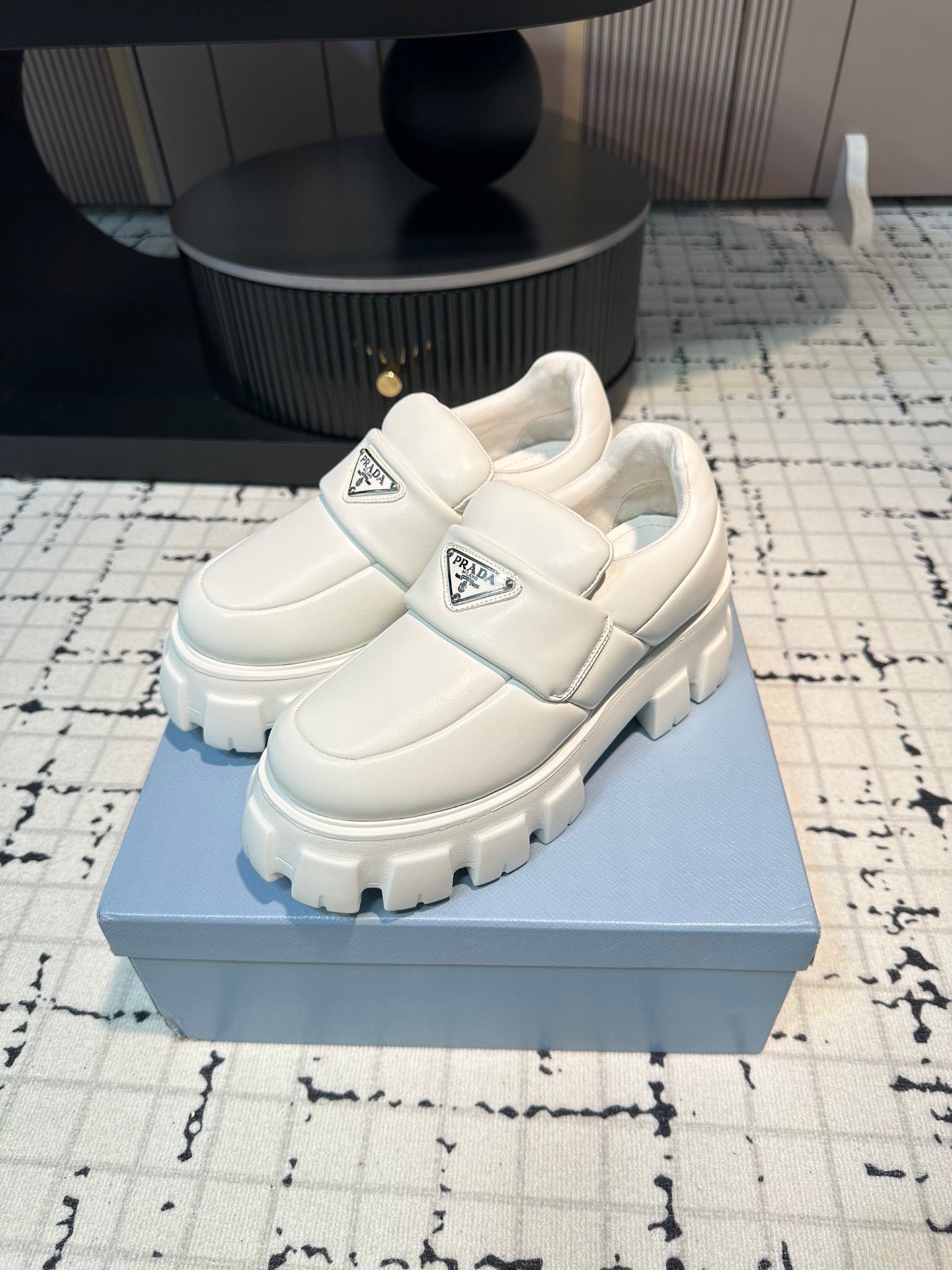 PRADA BRUSHED MONOLITH LOAFERS WHITE LAMBSKIN