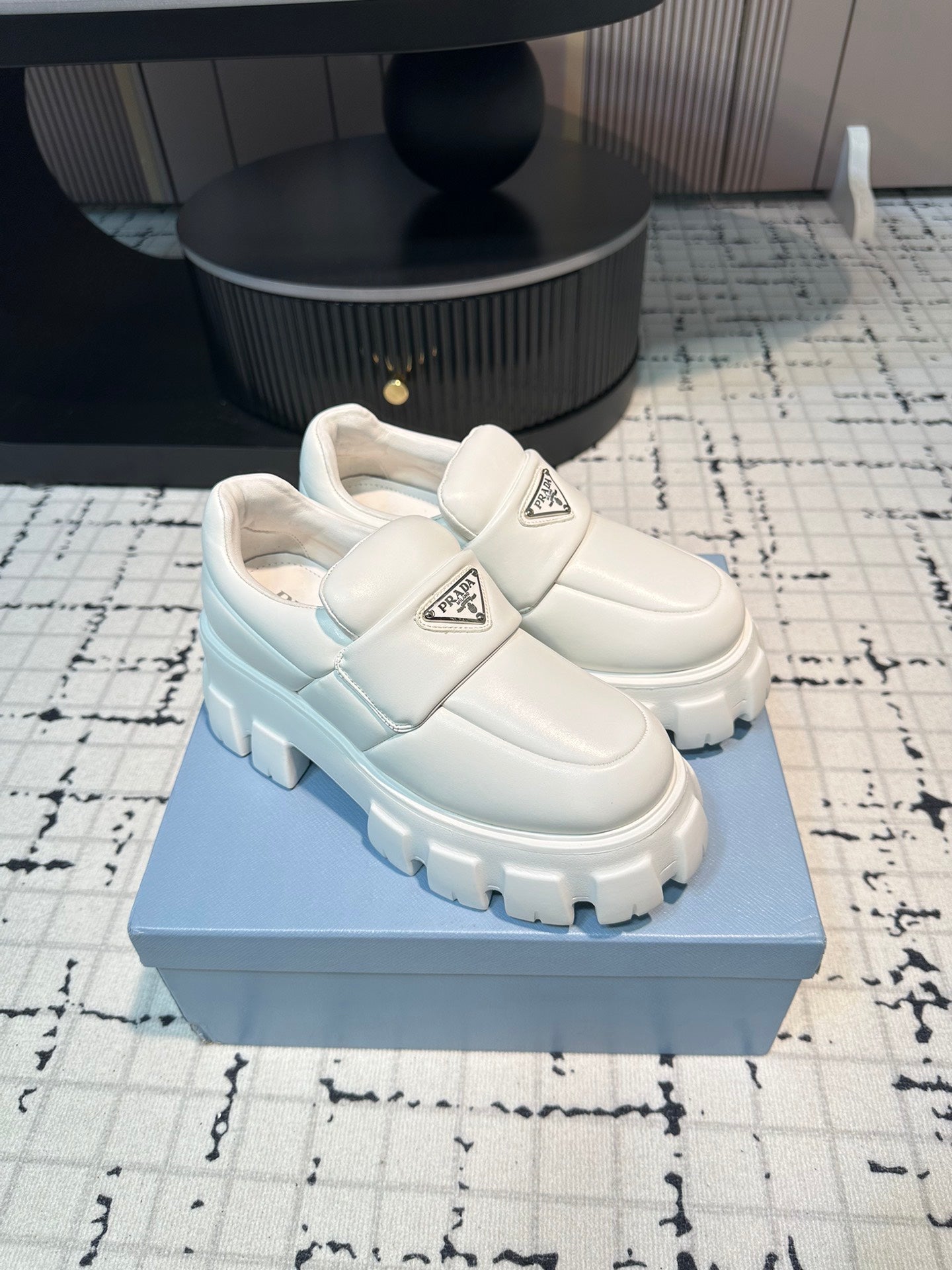 PRADA BRUSHED MONOLITH LOAFERS WHITE LAMBSKIN
