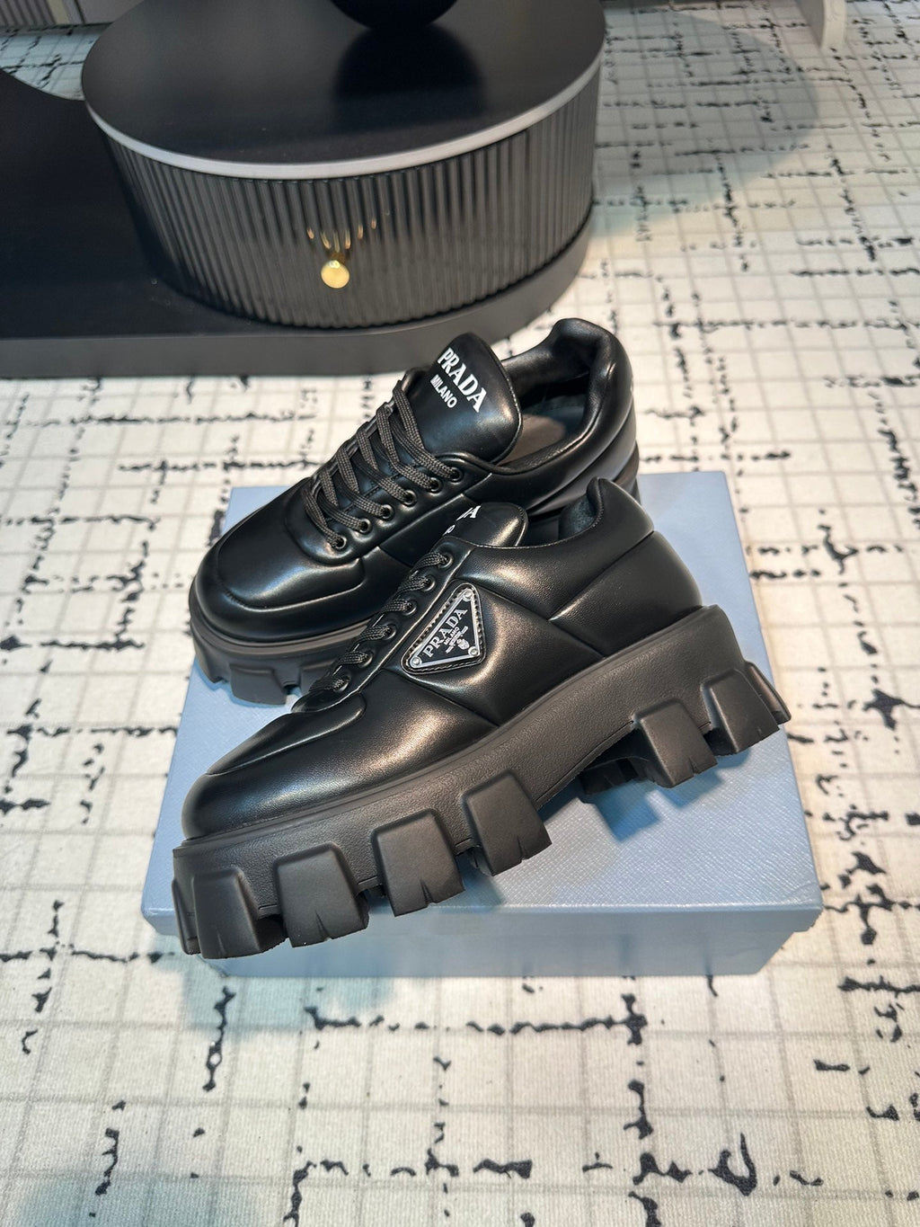 PRADA MONOLITH BRUSHED LACE-UP SHOES BLACK LAMBSKIN