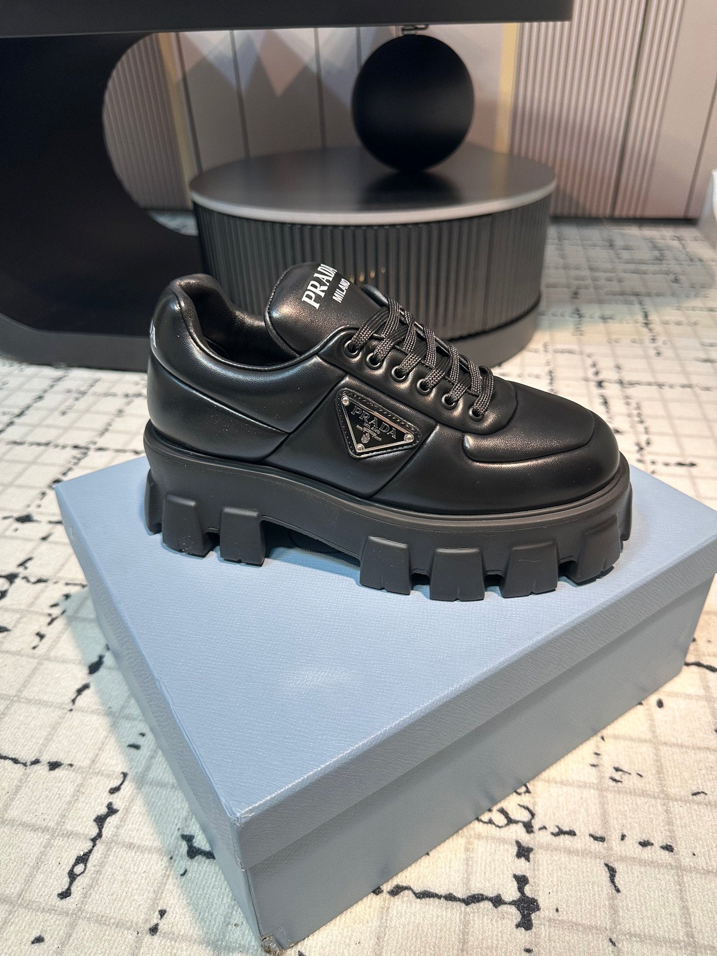 PRADA MONOLITH BRUSHED LACE-UP SHOES BLACK LAMBSKIN