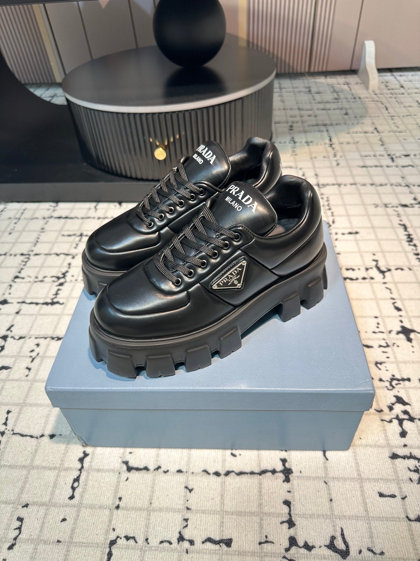 PRADA MONOLITH BRUSHED LACE-UP SHOES BLACK LAMBSKIN