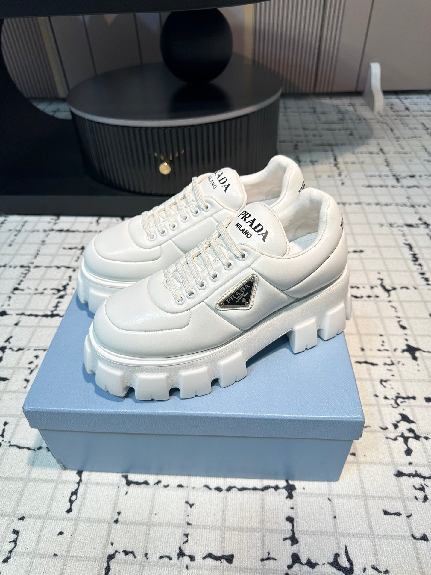 PRADA MONOLITH BRUSHED LACE-UP SHOES WHITE LAMBSKIN
