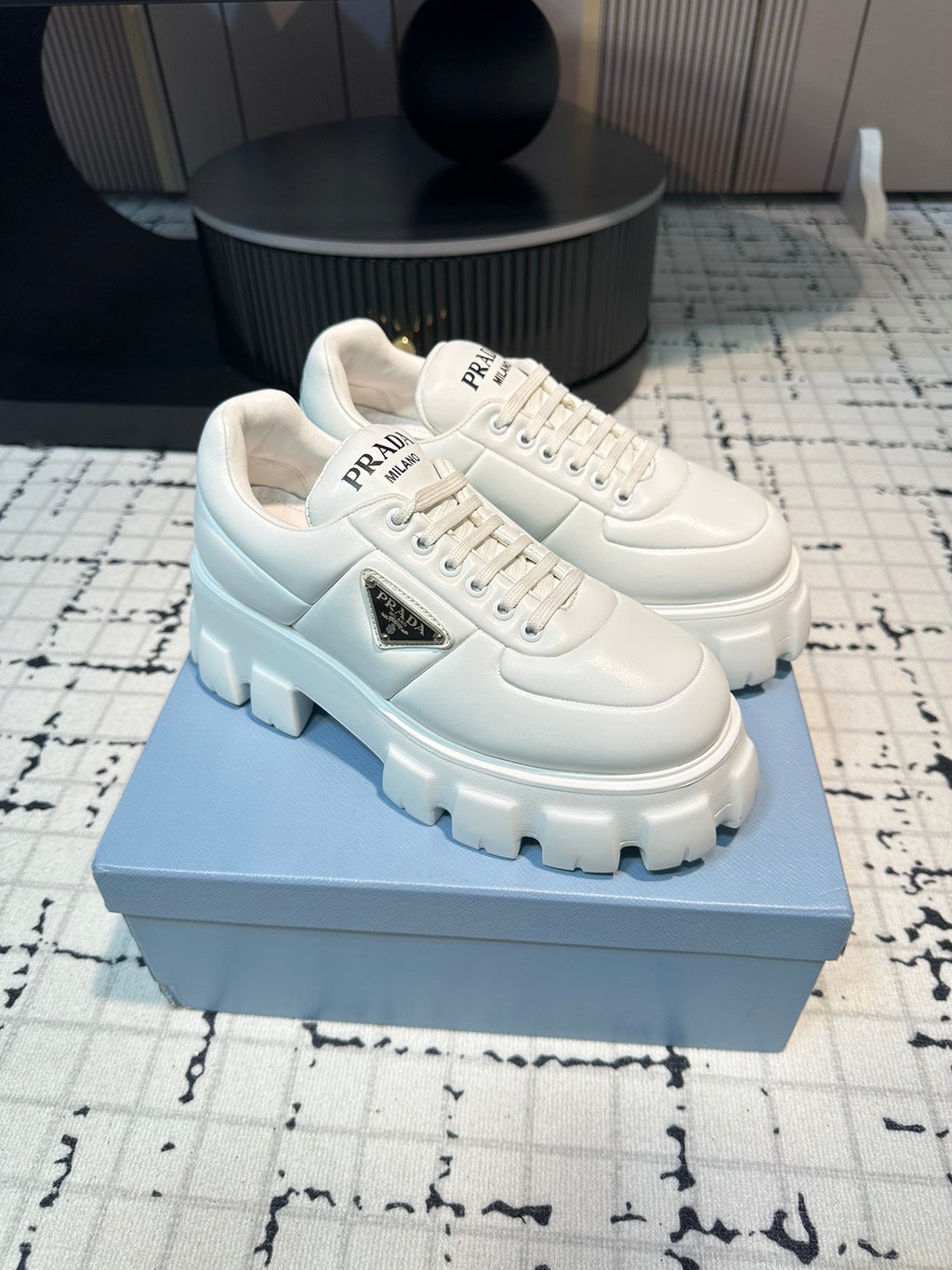 PRADA MONOLITH BRUSHED LACE-UP SHOES WHITE LAMBSKIN