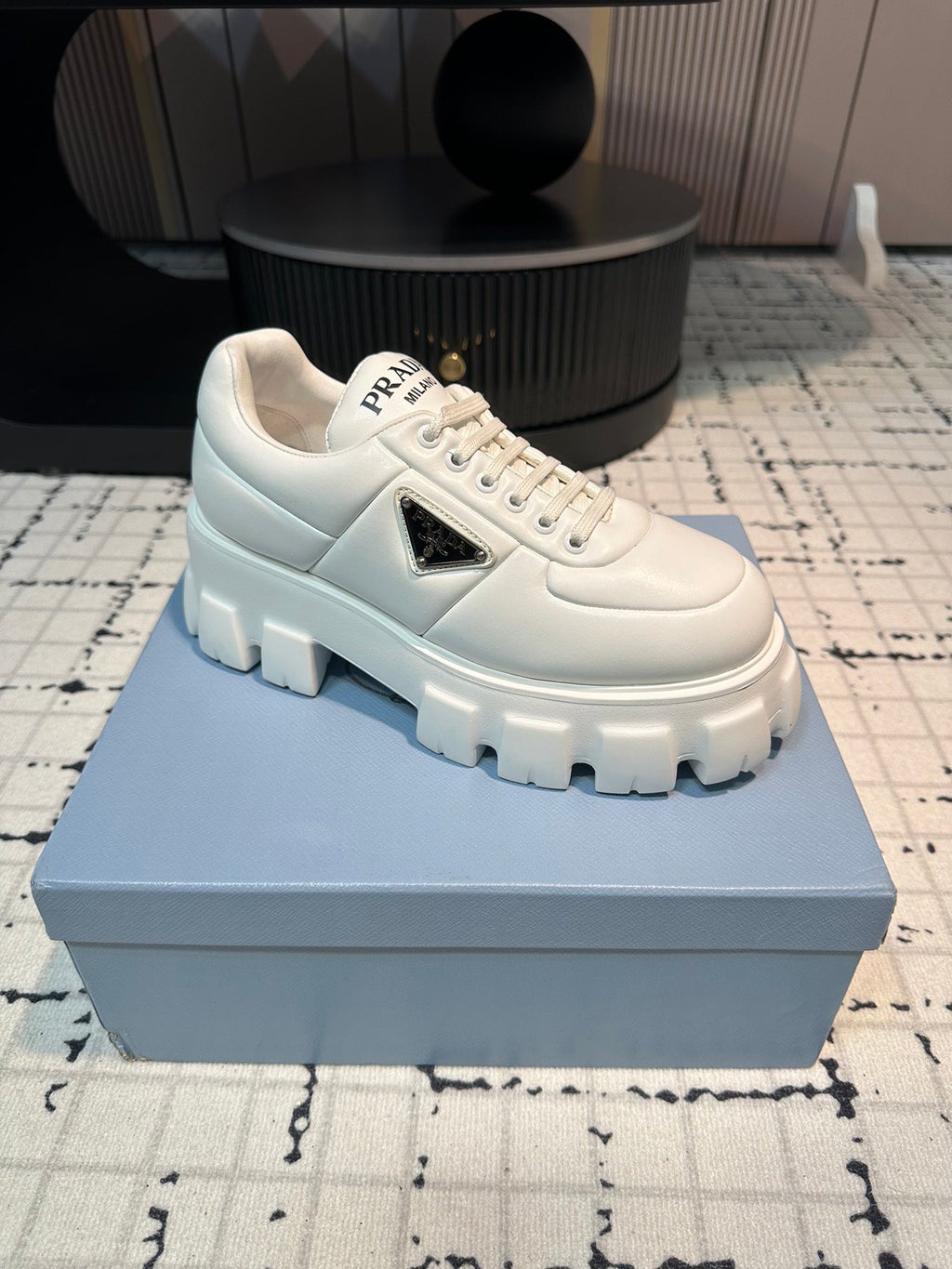 PRADA MONOLITH BRUSHED LACE-UP SHOES WHITE LAMBSKIN