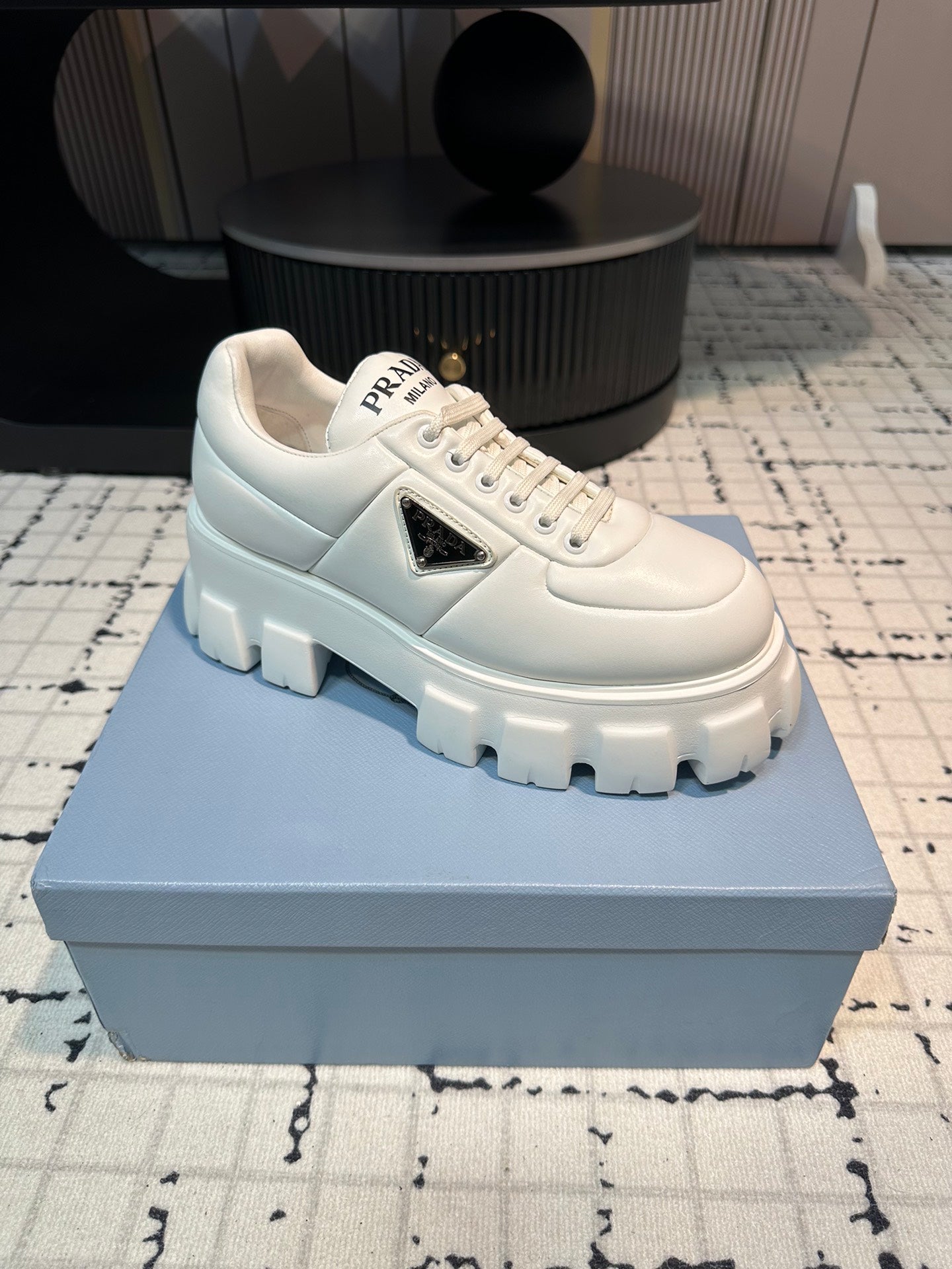 PRADA MONOLITH BRUSHED LACE-UP SHOES WHITE LAMBSKIN