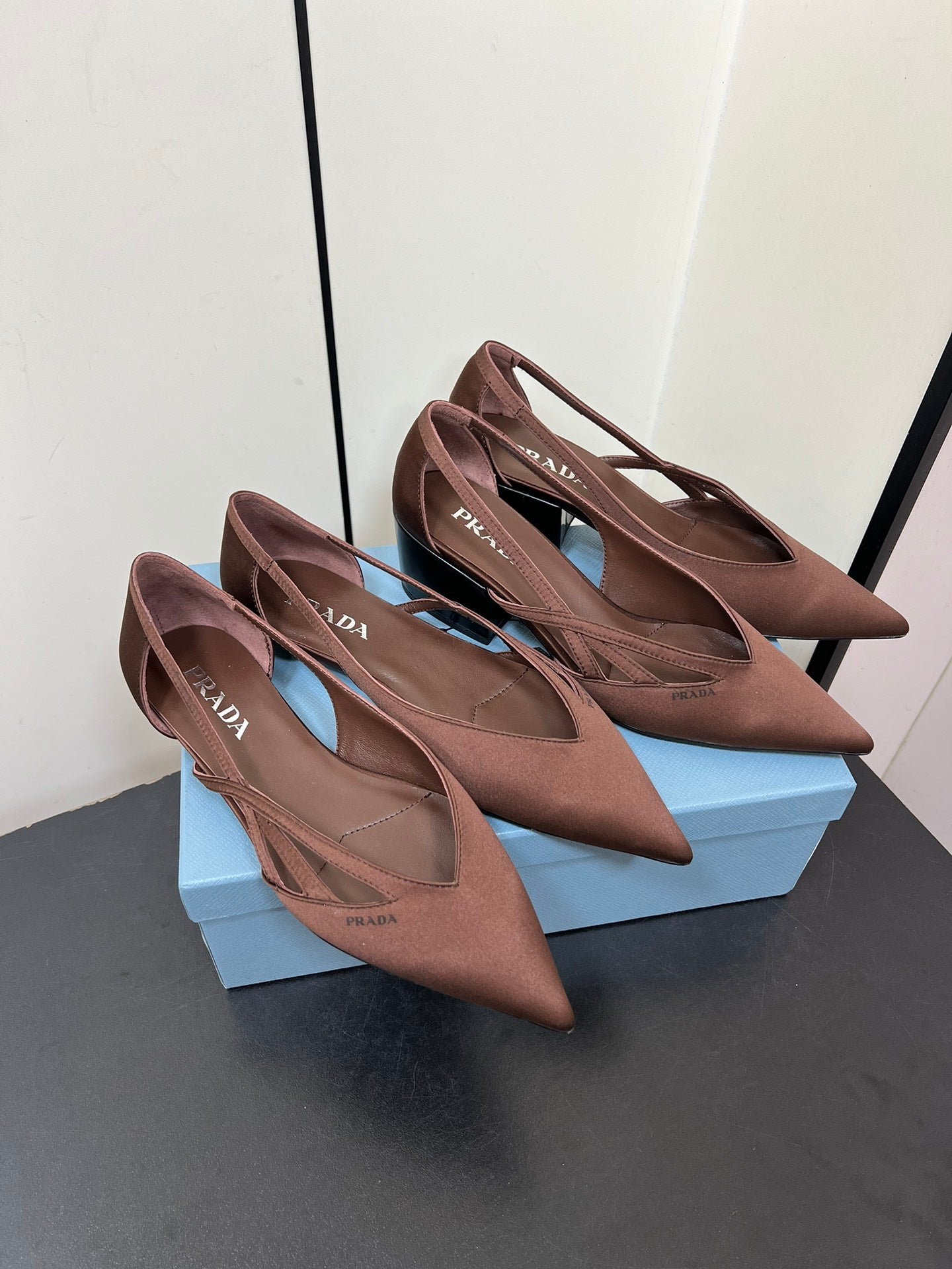 PRADA CUT-OUT BALLERINAS IN CHOCOLATE BROWN SATIN
