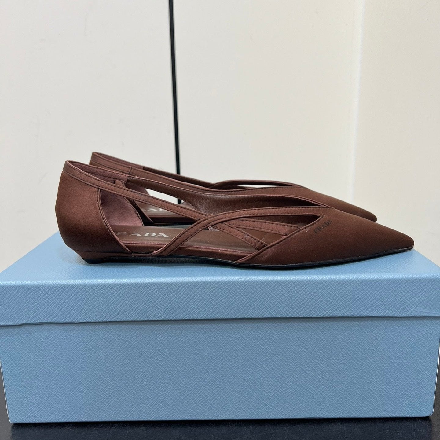 PRADA CUT-OUT BALLERINAS IN CHOCOLATE BROWN SATIN