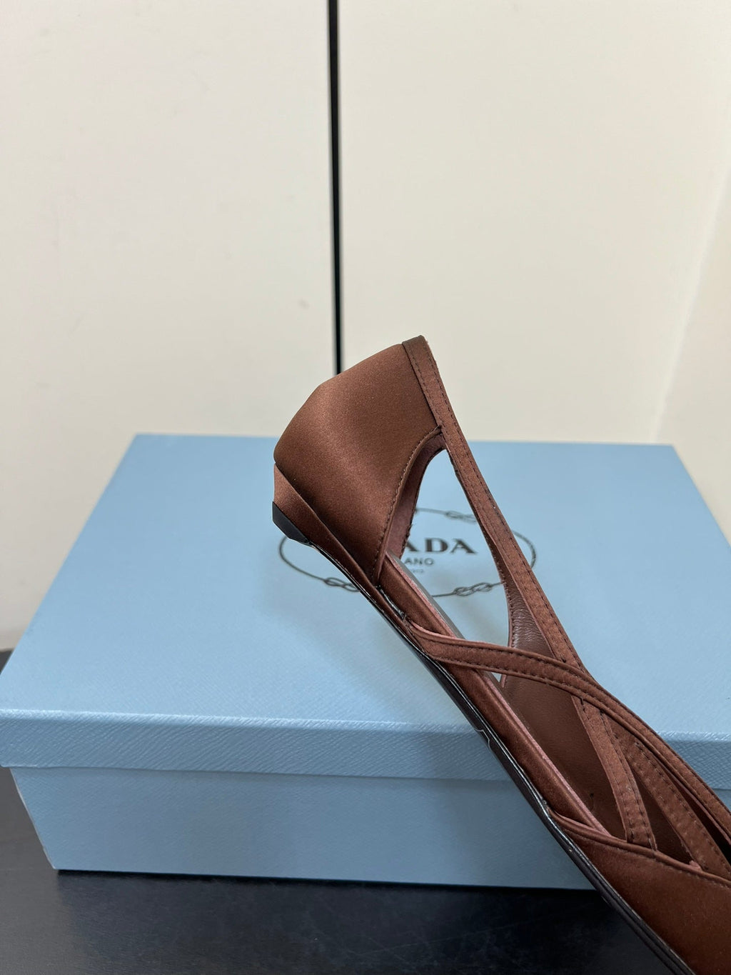 PRADA CUT-OUT BALLERINAS IN CHOCOLATE BROWN SATIN