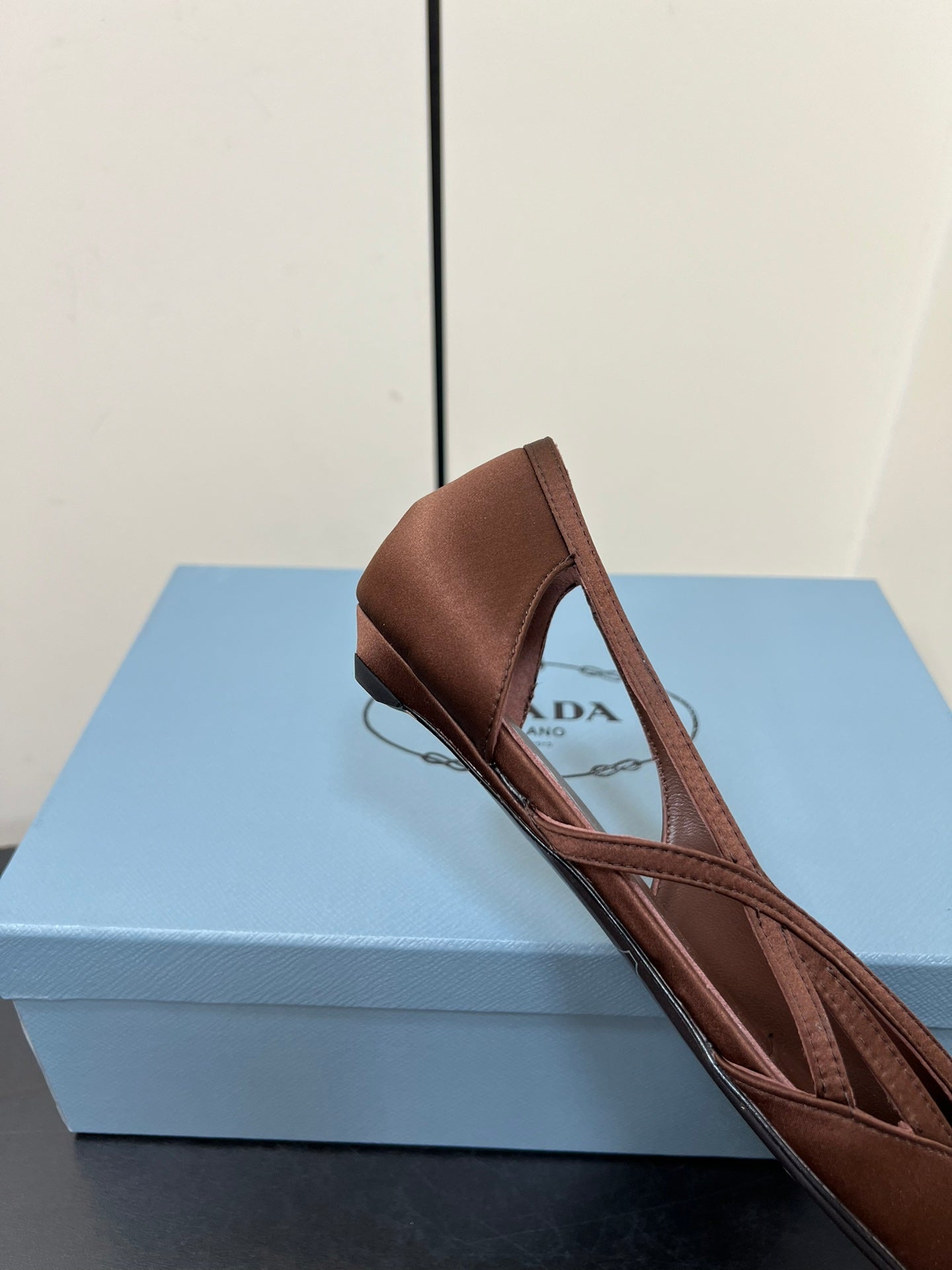PRADA CUT-OUT BALLERINAS IN CHOCOLATE BROWN SATIN