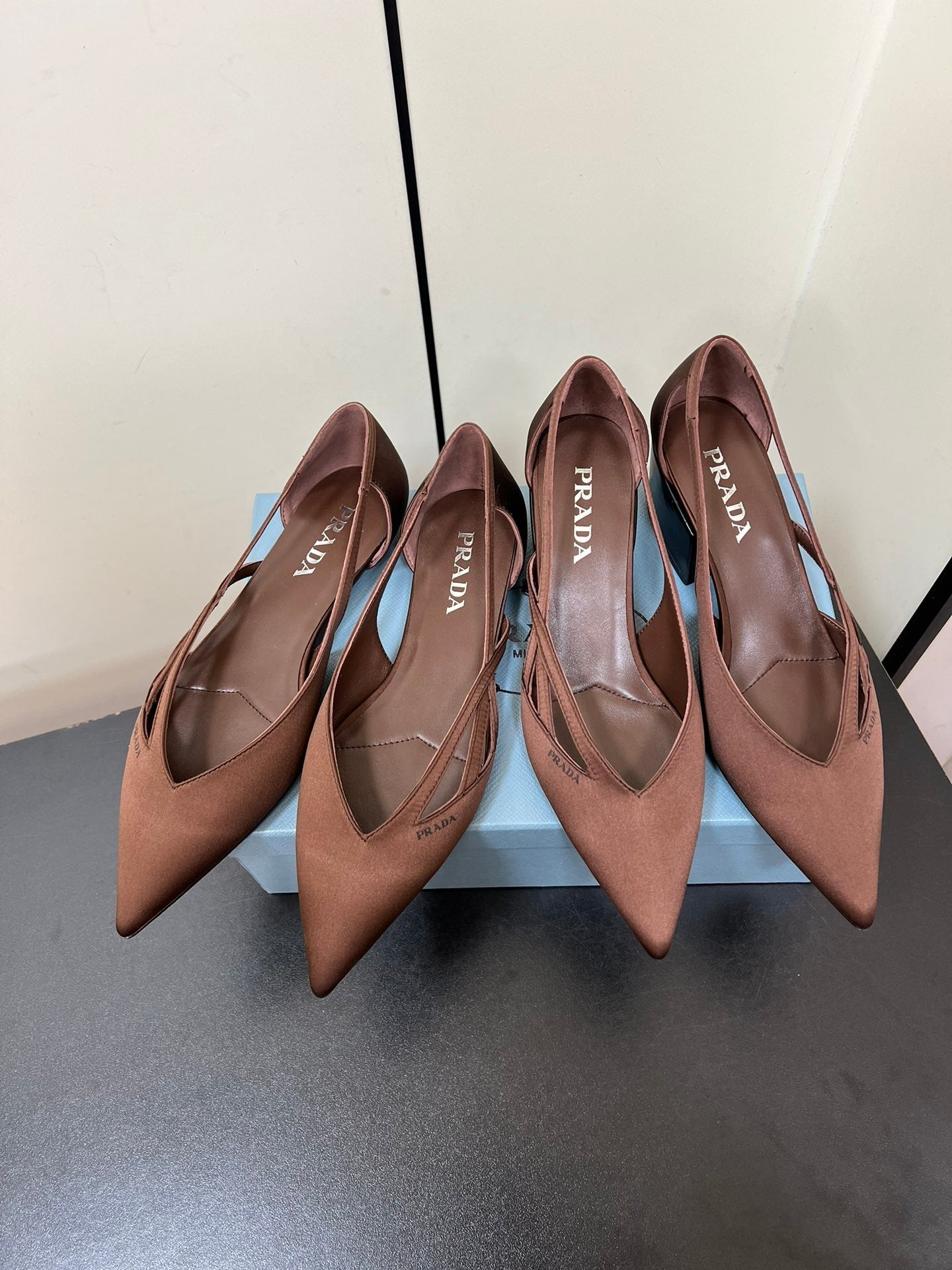 PRADA CUT-OUT BALLERINAS IN CHOCOLATE BROWN SATIN