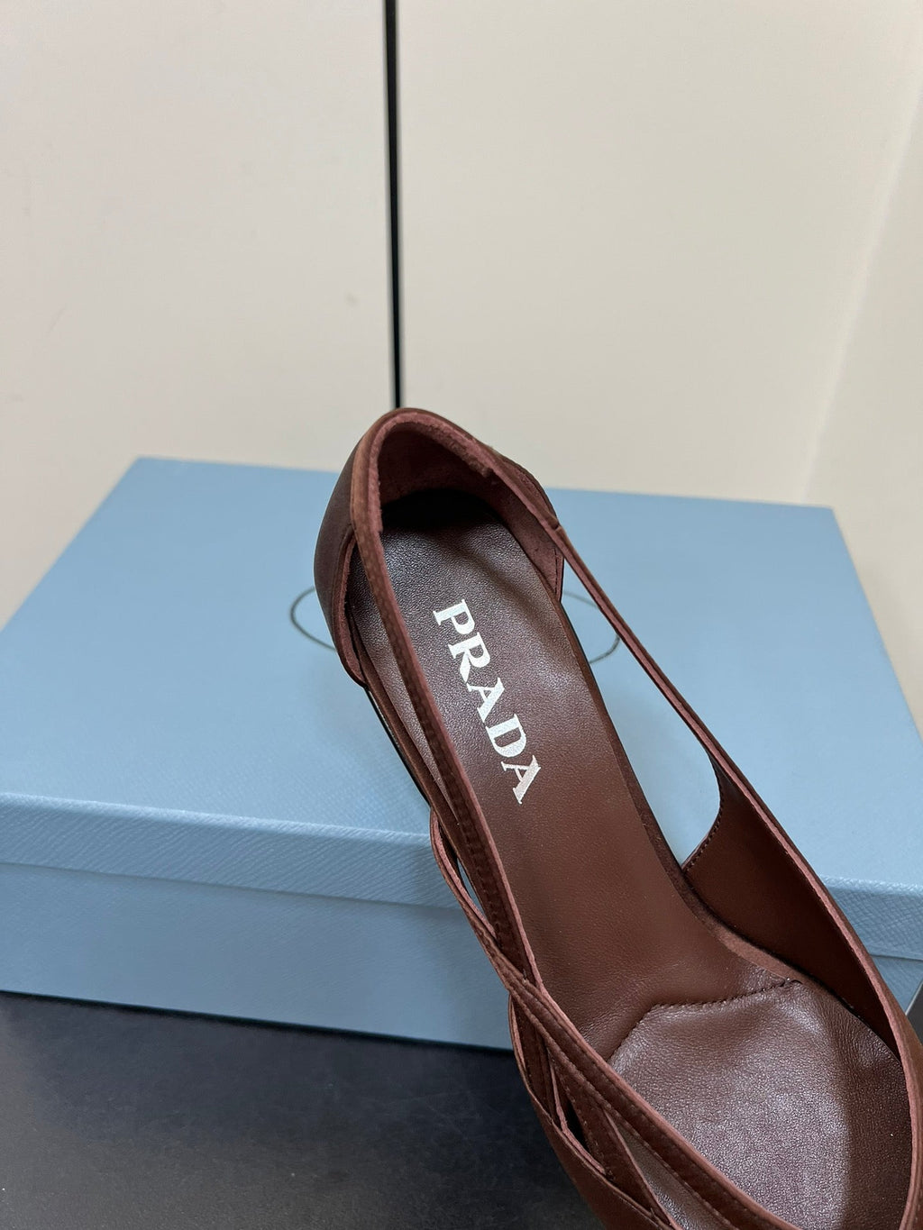 PRADA CUT-OUT BALLERINAS IN CHOCOLATE BROWN SATIN