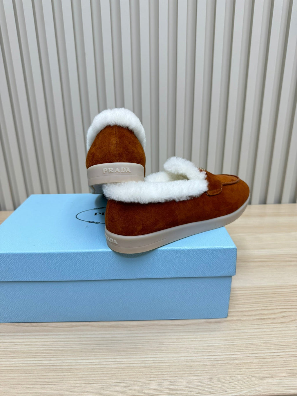 PRADA LOAFER IN RED BROWN SUEDE AND FUR LINING ATTACHED TRIANGLE LOGO