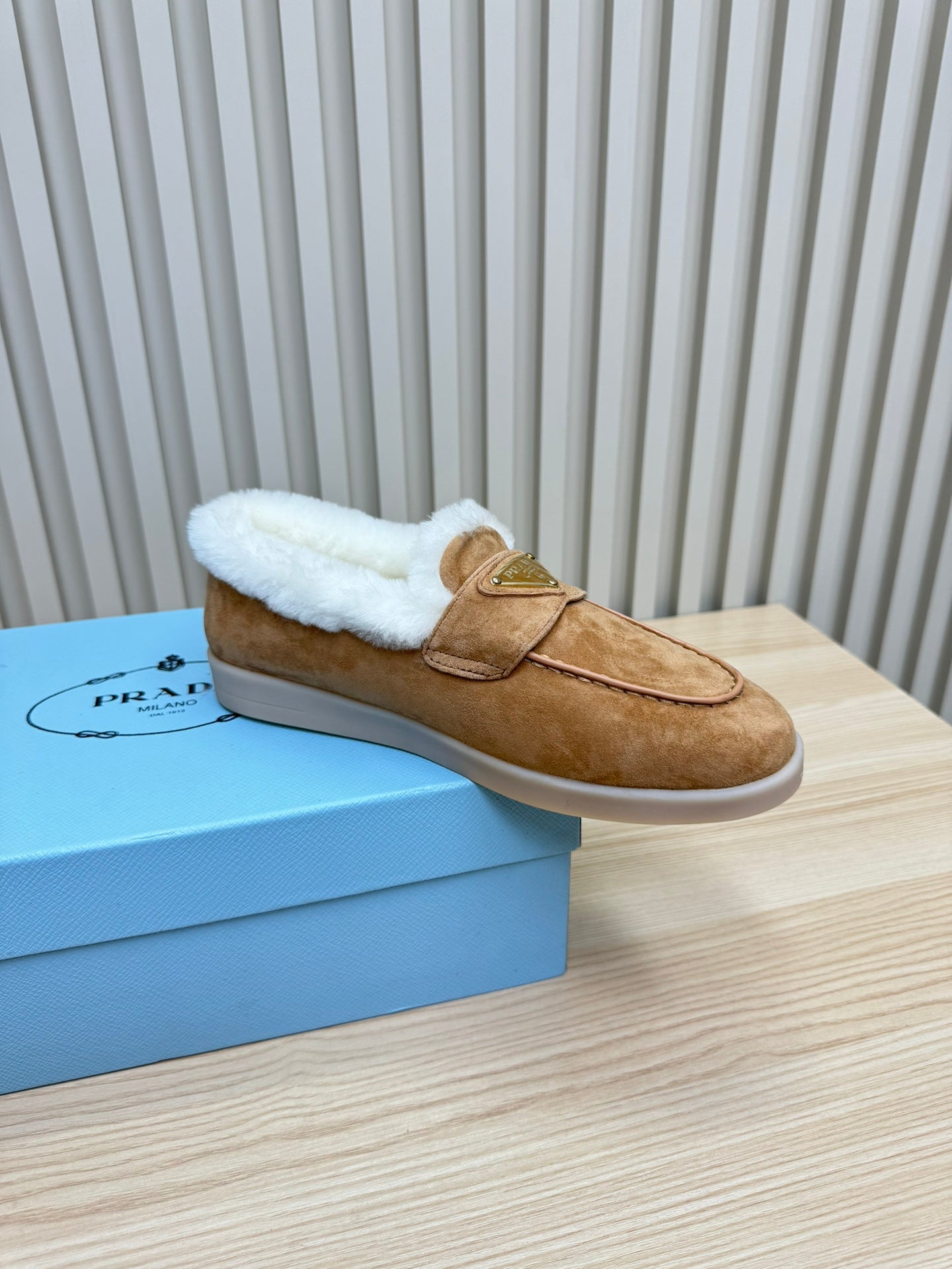PRADA LOAFER IN CAMEL SUEDE AND FUR LINING ATTACHED TRIANGLE LOGO