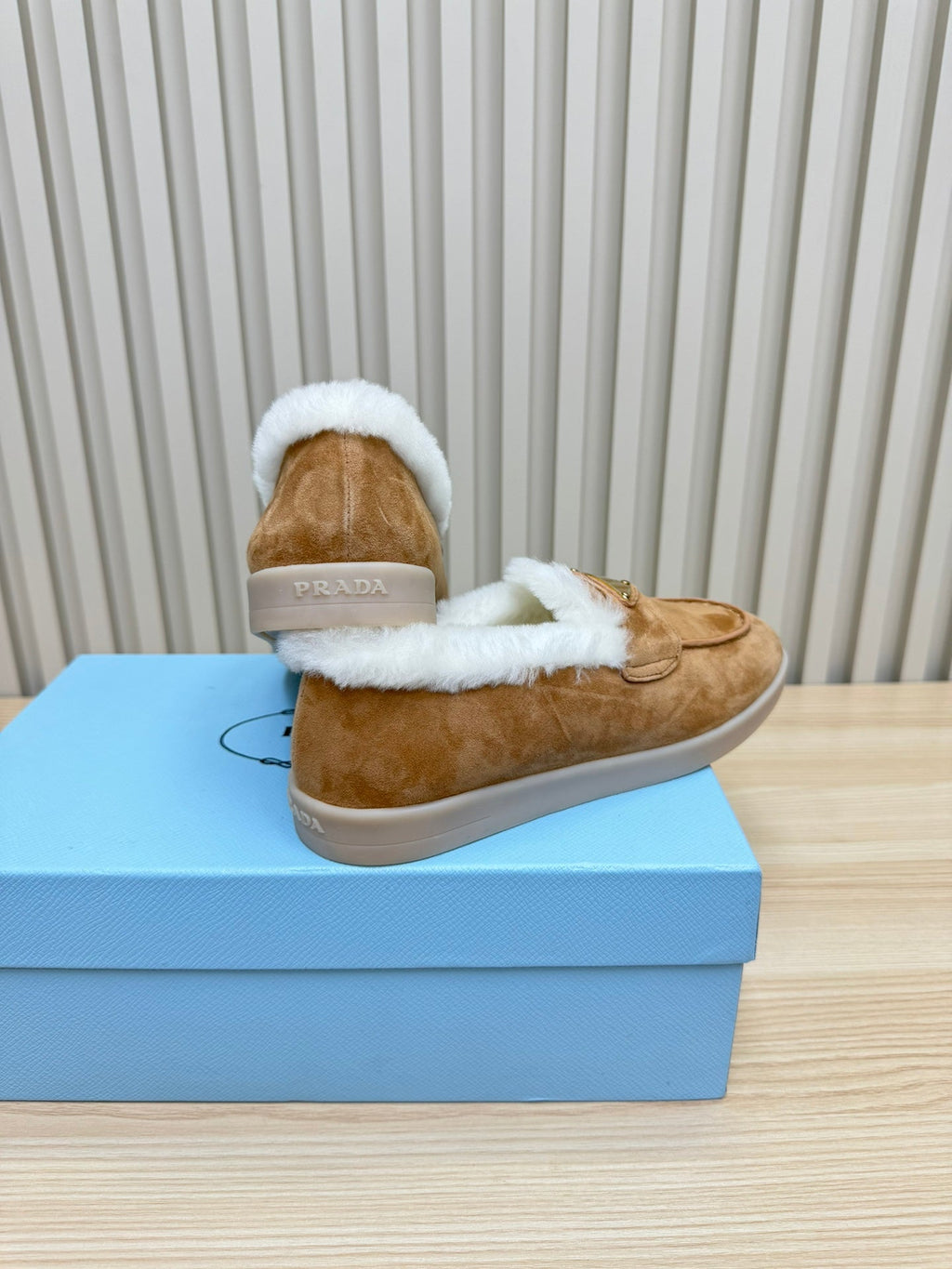 PRADA LOAFER IN CAMEL SUEDE AND FUR LINING ATTACHED TRIANGLE LOGO