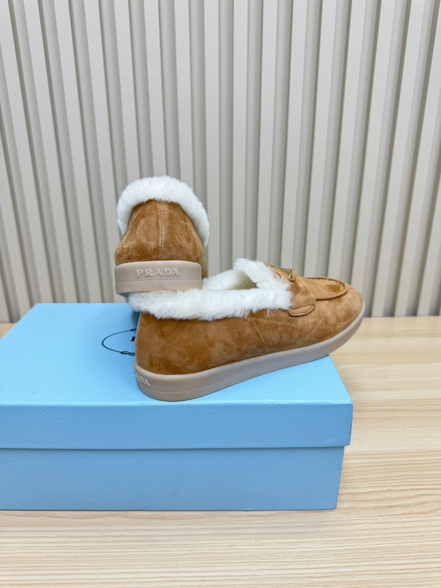 PRADA LOAFER IN CAMEL SUEDE AND FUR LINING ATTACHED TRIANGLE LOGO