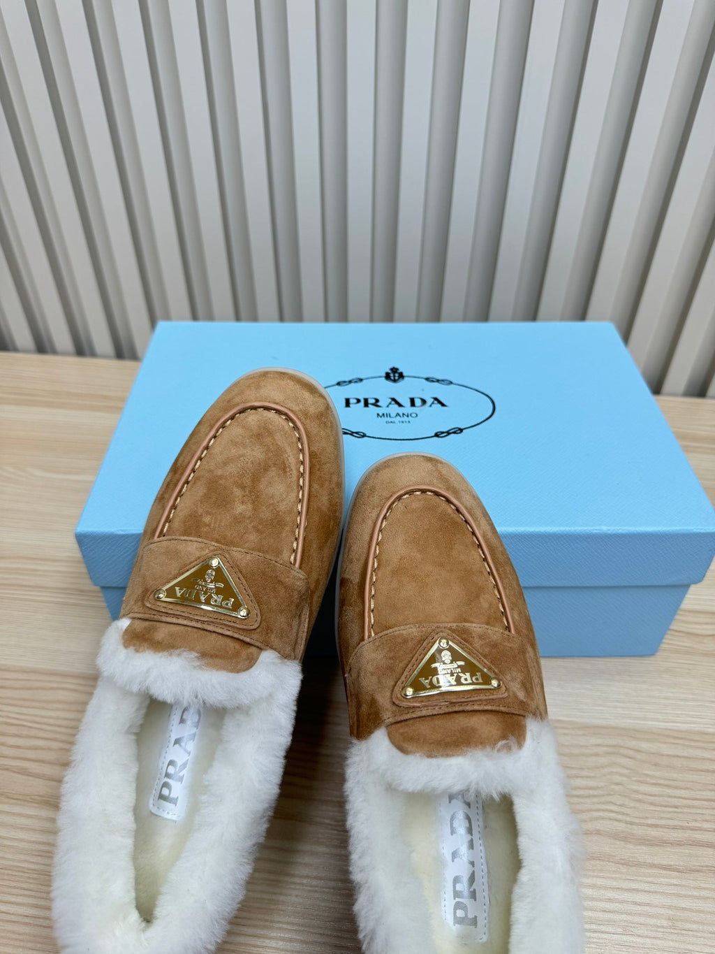 PRADA SUEDE LOAFER IN TAN BROWN WITH SHEARLING LINING