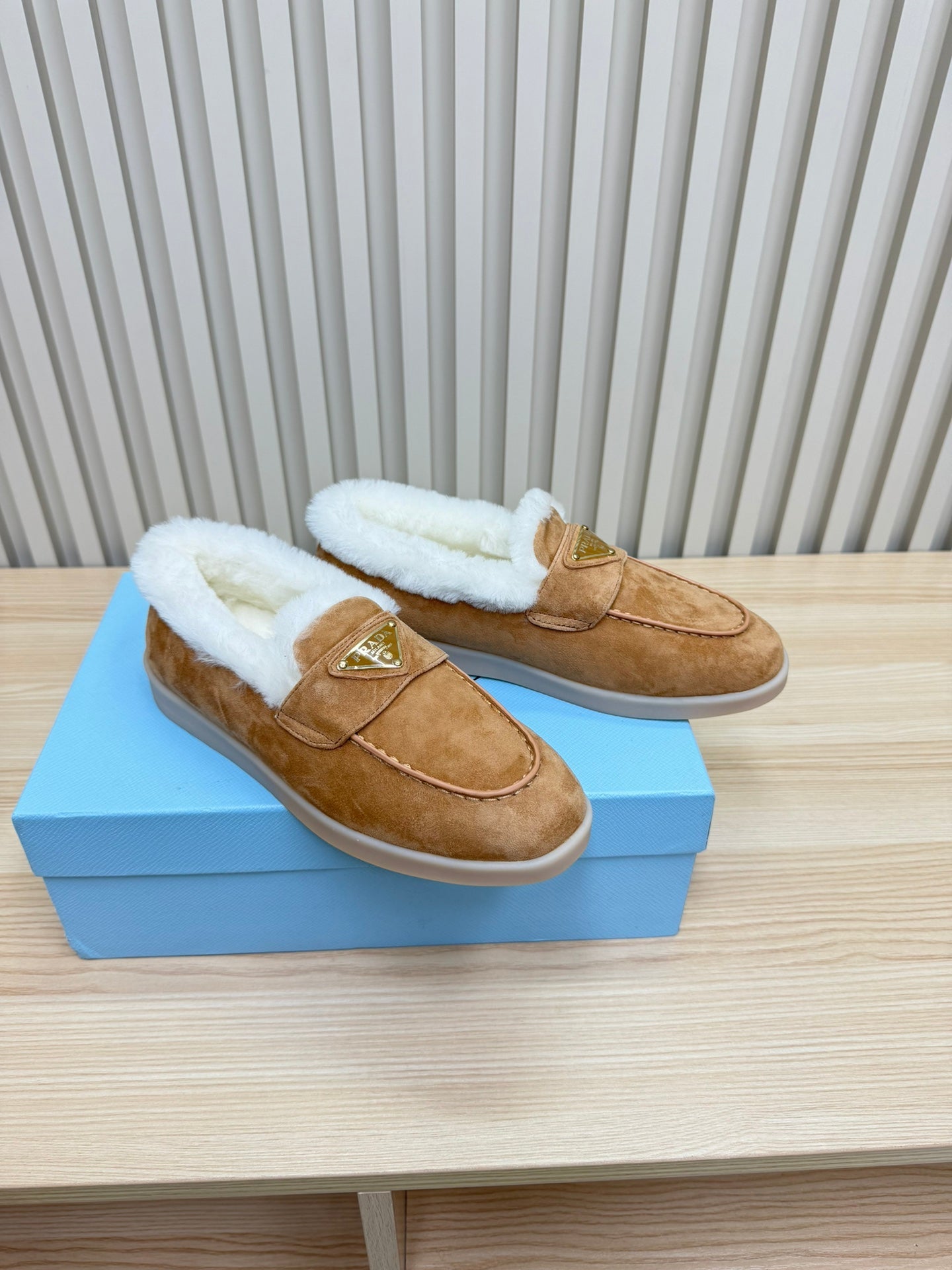 PRADA SUEDE LOAFER IN TAN BROWN WITH SHEARLING LINING