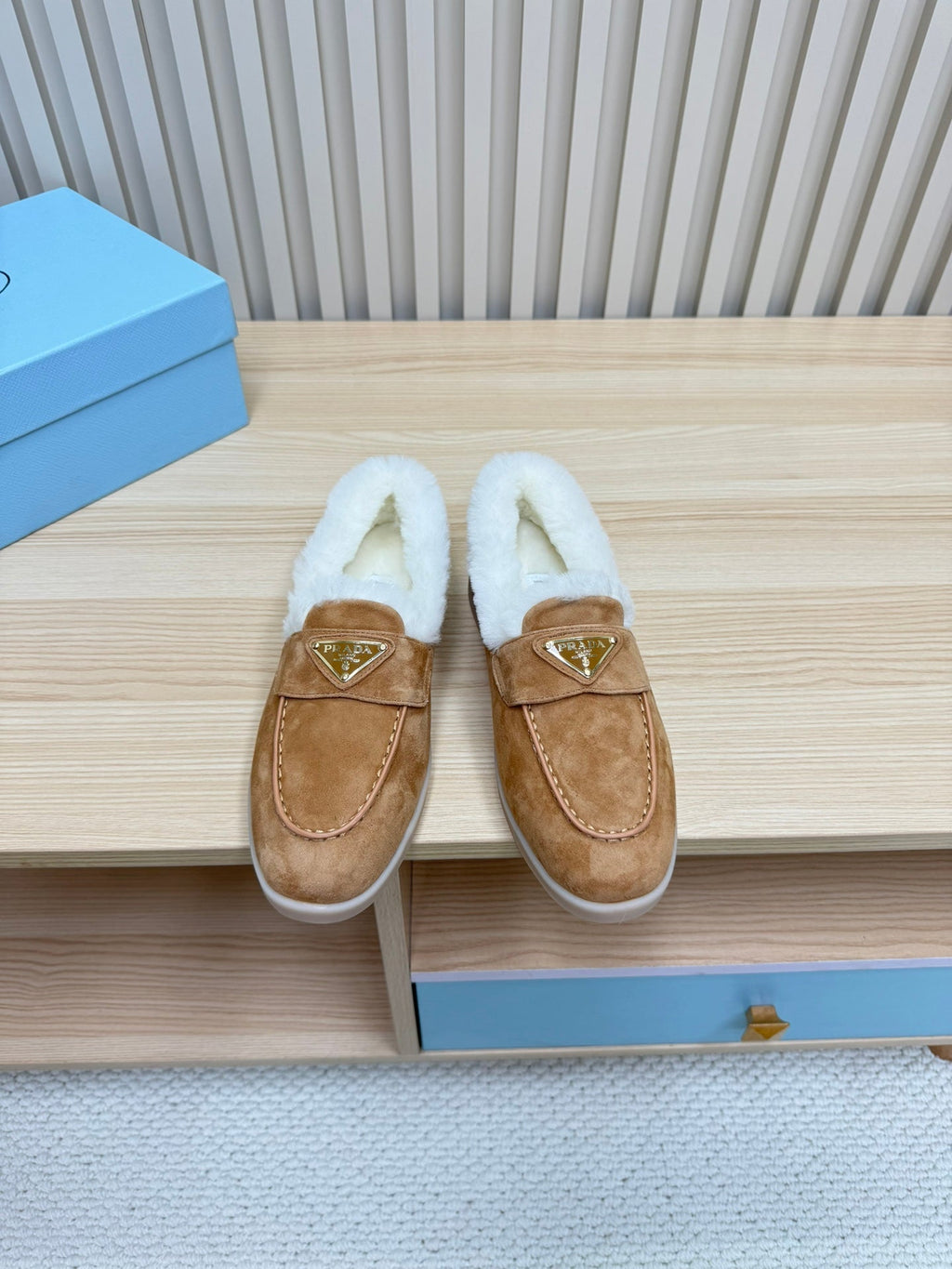 PRADA LOAFER IN CAMEL SUEDE AND FUR LINING ATTACHED TRIANGLE LOGO