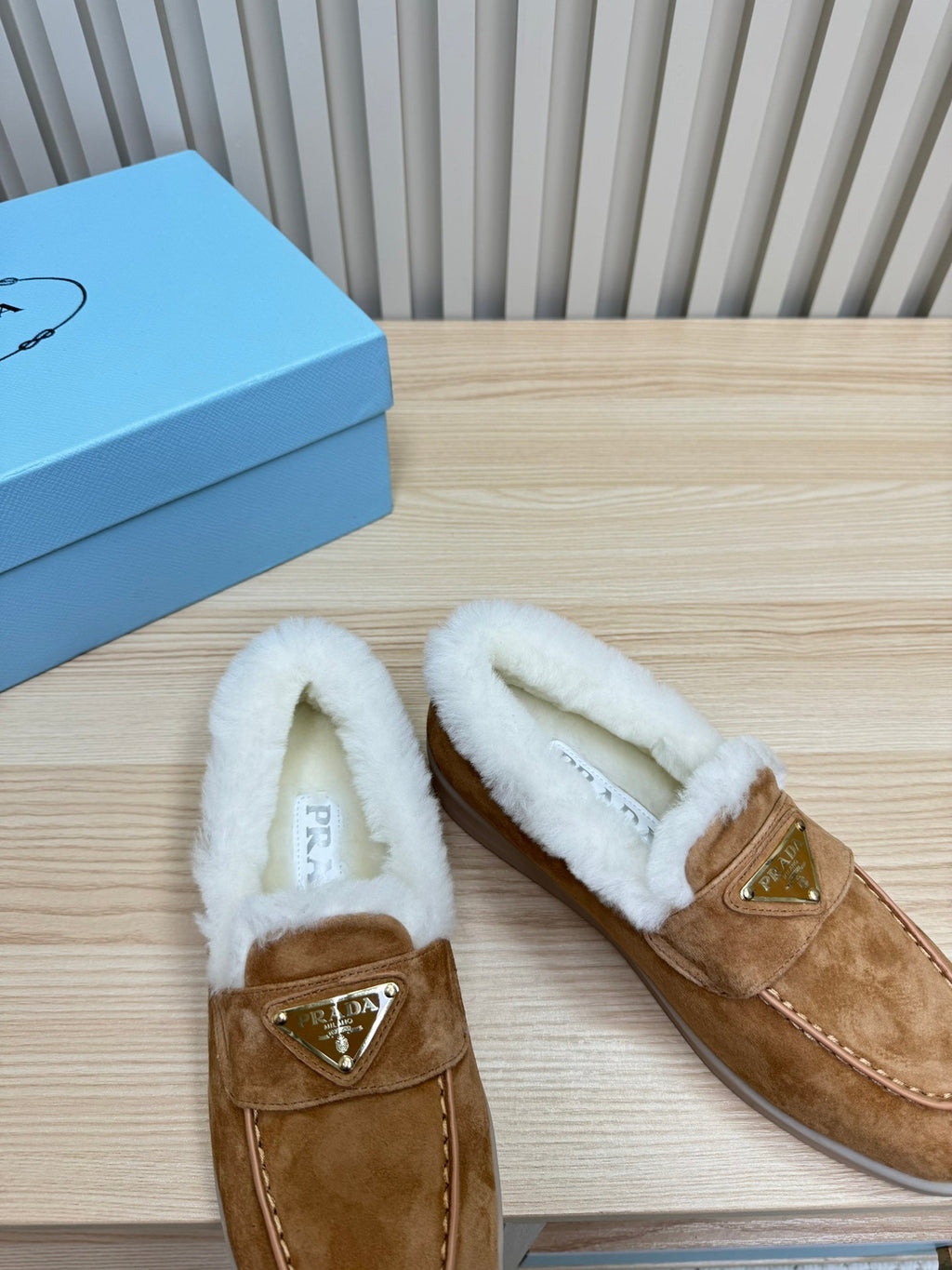 PRADA LOAFER IN CAMEL SUEDE AND FUR LINING ATTACHED TRIANGLE LOGO