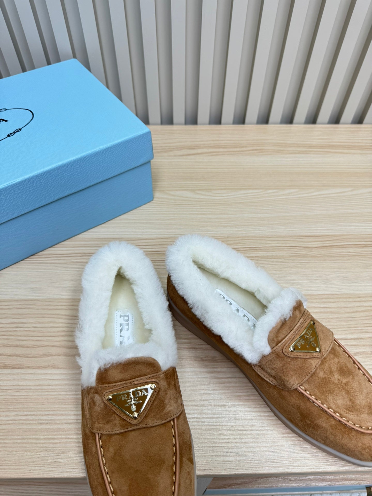 PRADA LOAFER IN CAMEL SUEDE AND FUR LINING ATTACHED TRIANGLE LOGO