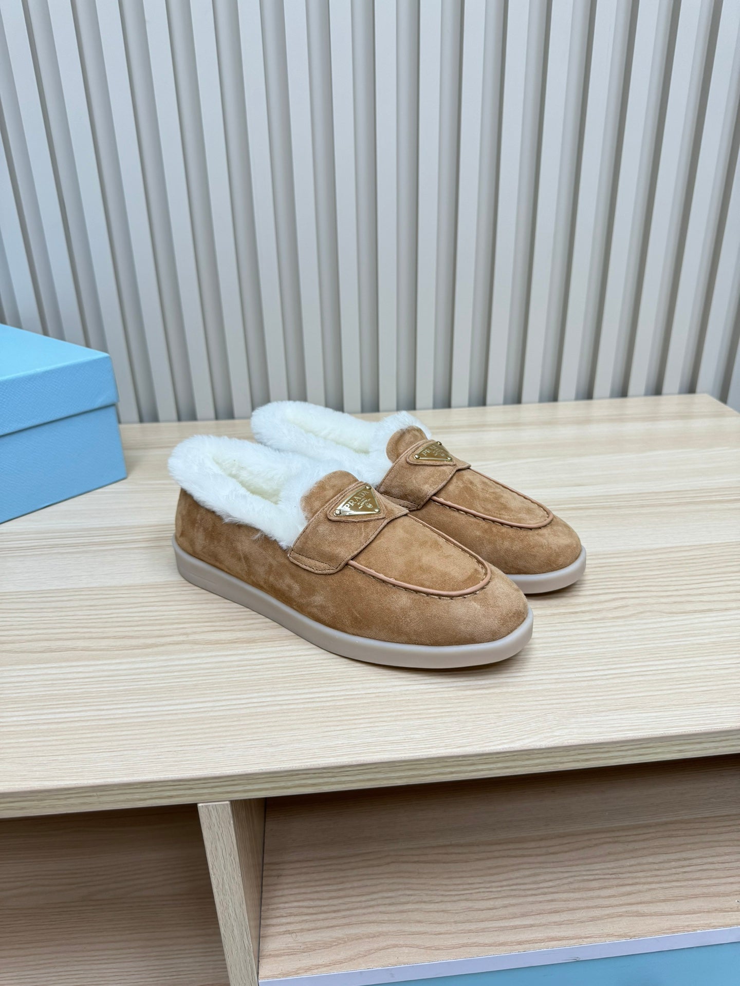 PRADA LOAFER IN CAMEL SUEDE AND FUR LINING ATTACHED TRIANGLE LOGO