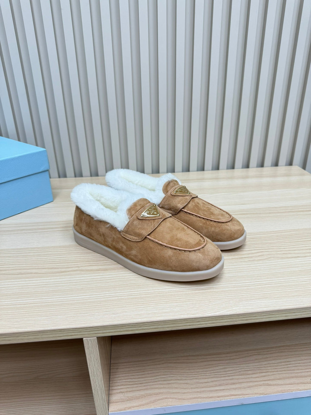 PRADA SUEDE LOAFER IN TAN BROWN WITH SHEARLING LINING