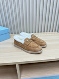 PRADA SUEDE LOAFER IN TAN BROWN WITH SHEARLING LINING