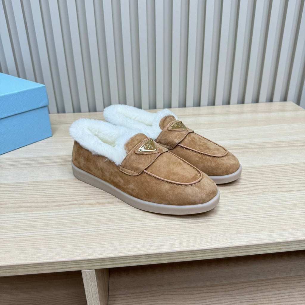 PRADA SUEDE LOAFER IN TAN BROWN WITH SHEARLING LINING