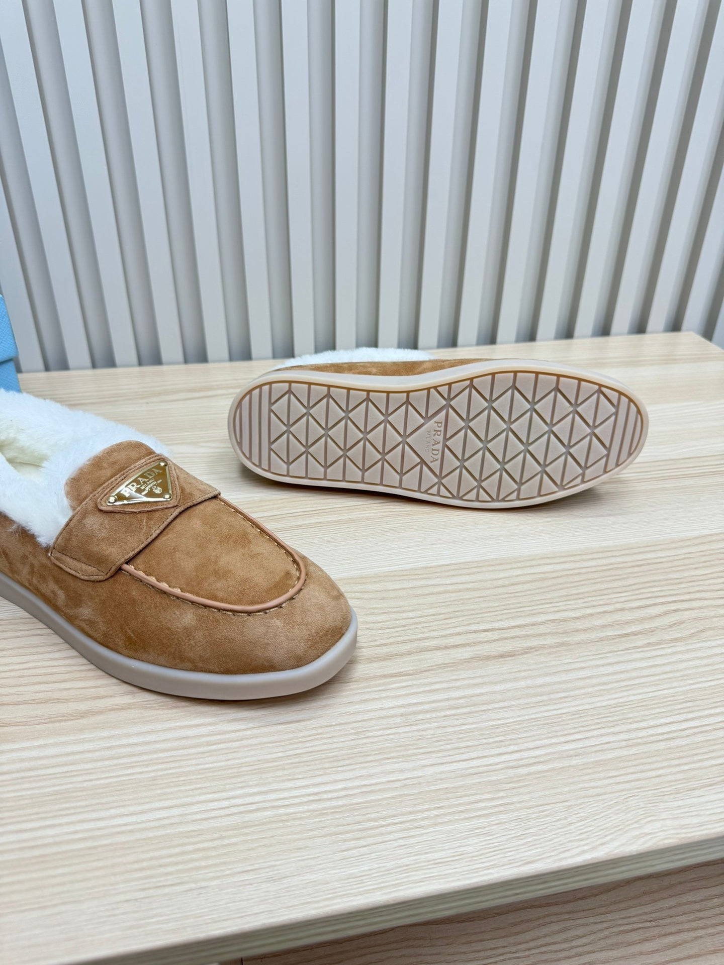 PRADA LOAFER IN CAMEL SUEDE AND FUR LINING ATTACHED TRIANGLE LOGO