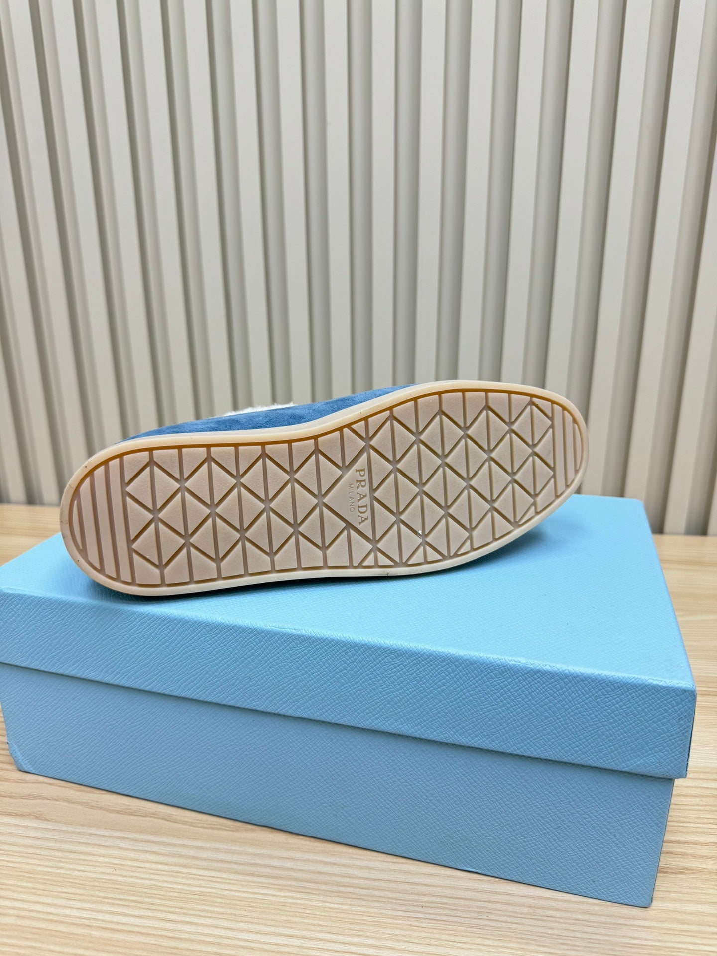 PRADA LOAFER IN AZURE BLUE SUEDE AND FUR LINING ATTACHED TRIANGLE LOGO