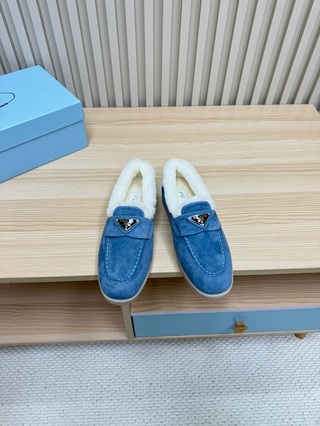 PRADA LOAFER IN AZURE BLUE SUEDE AND FUR LINING ATTACHED TRIANGLE LOGO