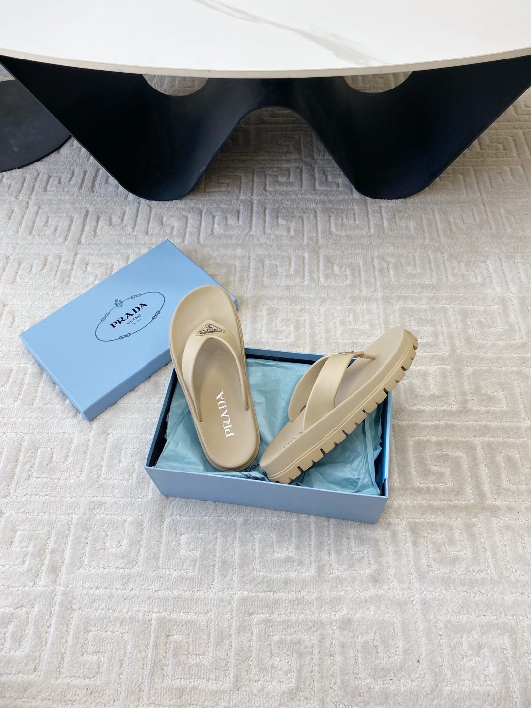 PRADA THICK-SOLED FLIP FLOPS IN ECRU BEIGE RUBBER