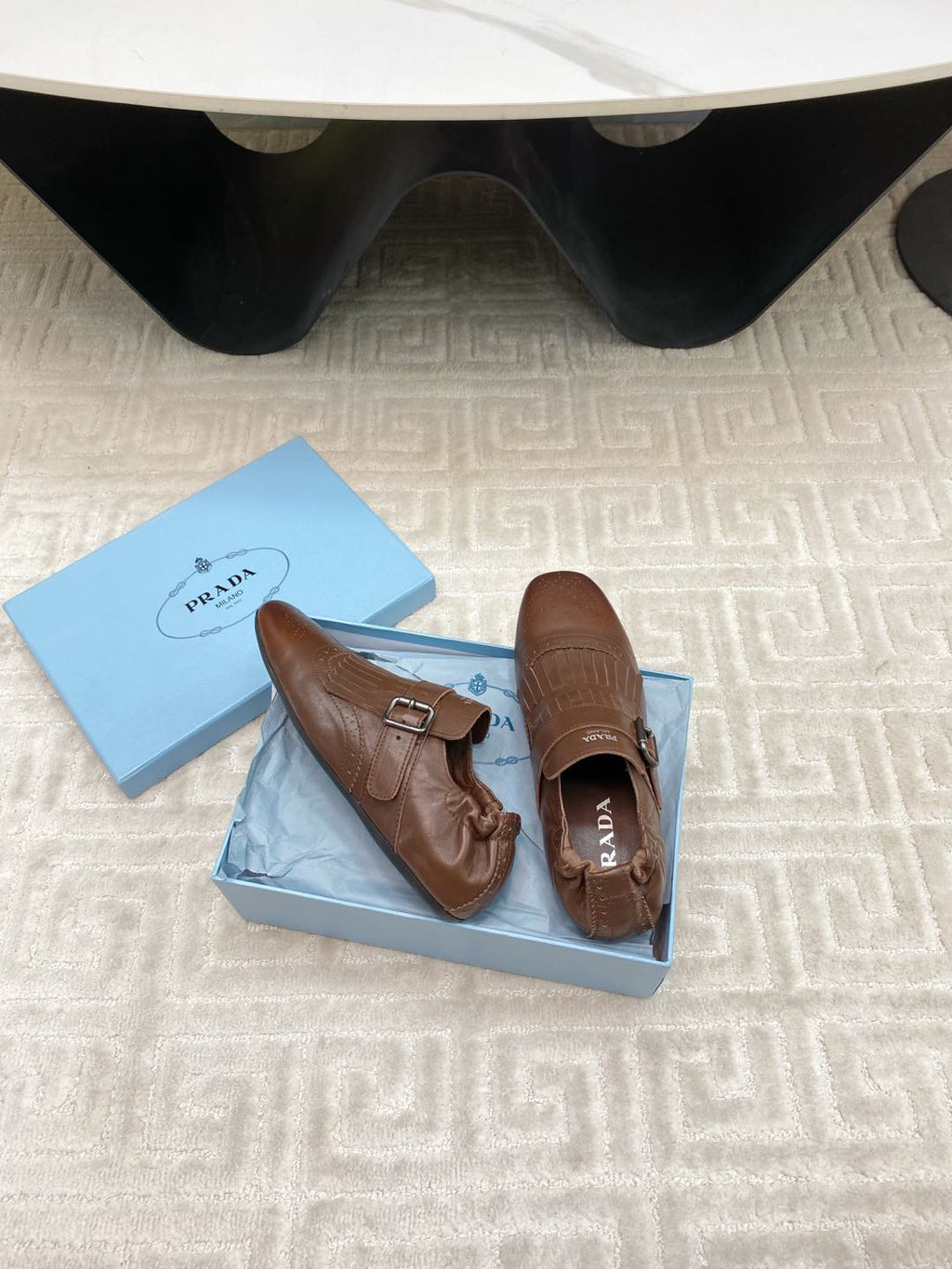 PRADA TASSEL LOAFERS IN RUSSET BROWN LAMBSKIN