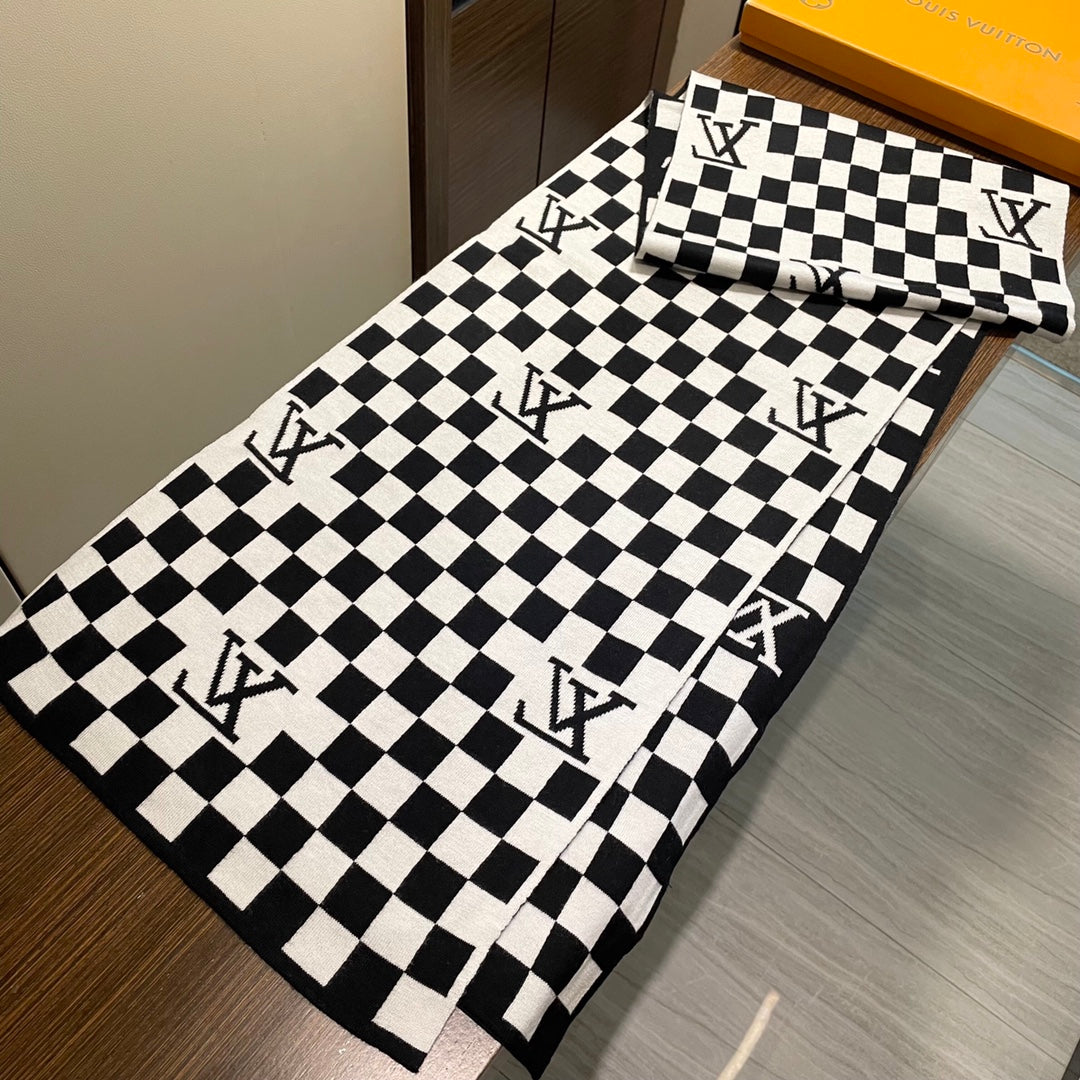 LOUIS VUITTON DAMIER SCARF 200 CM IN BLACK MIX WHITE CASHMERE 388193