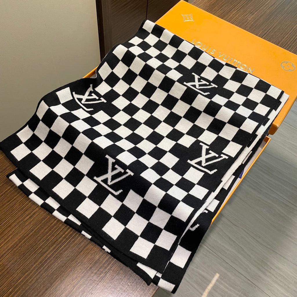 LOUIS VUITTON DAMIER SCARF 200 CM IN BLACK MIX WHITE CASHMERE 388193