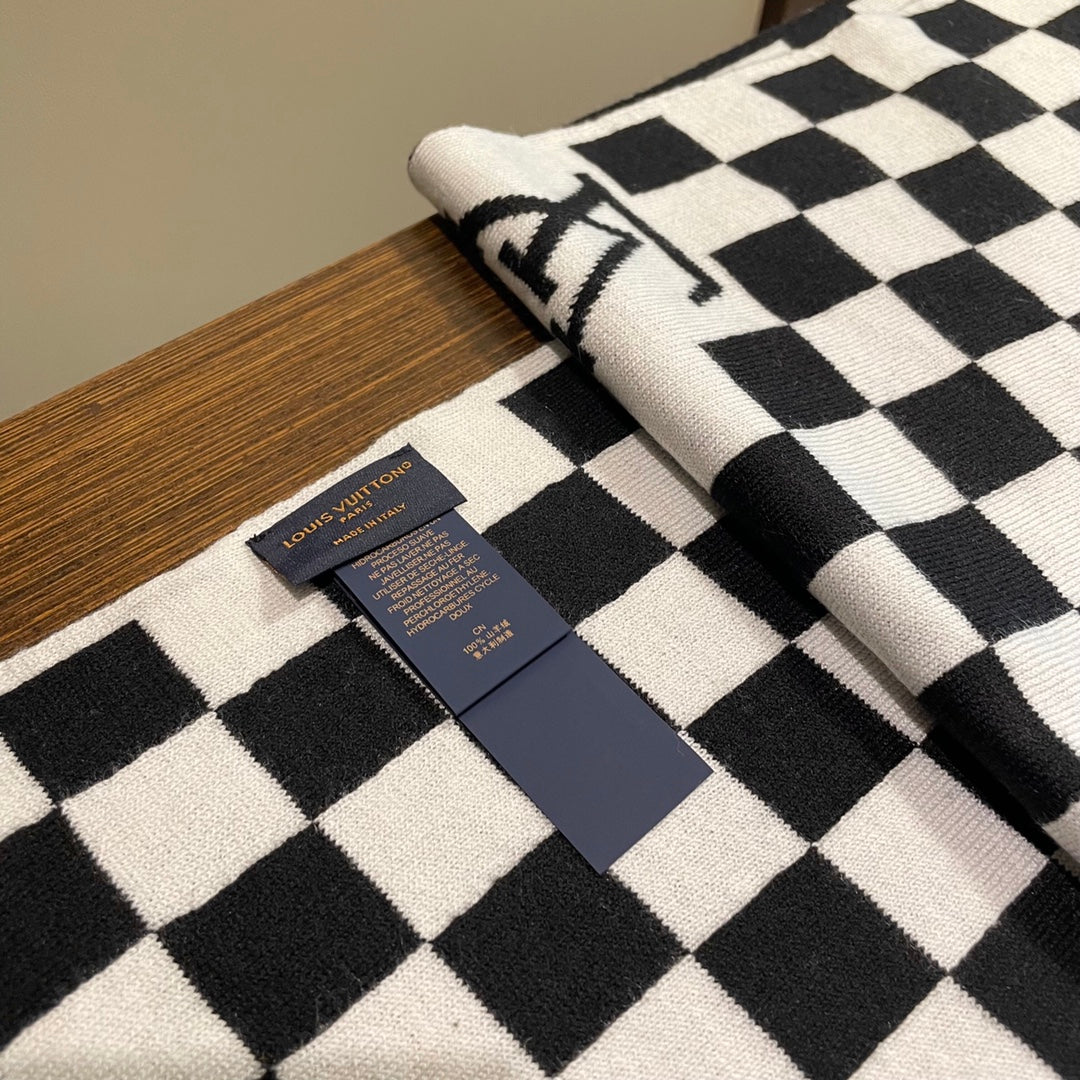LOUIS VUITTON DAMIER SCARF 200 CM IN BLACK MIX WHITE CASHMERE 388193