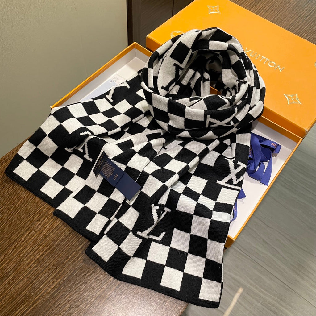 LOUIS VUITTON DAMIER SCARF 200 CM IN BLACK MIX WHITE CASHMERE 388193