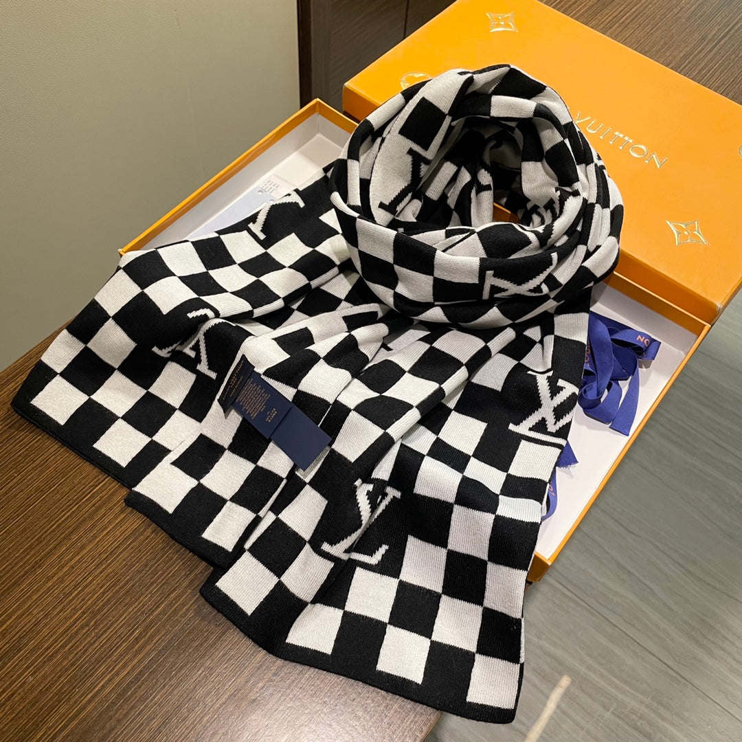 LOUIS VUITTON DAMIER SCARF 200 CM IN BLACK MIX WHITE CASHMERE 388193