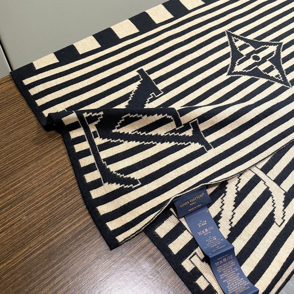 LOUIS VUITTON GRAPHICAL 180 CM SCARF IN TORTILLA BROWN MIX BLACK CASHMERE 388202