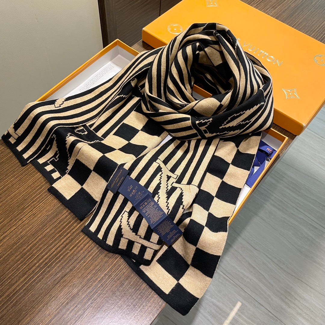LOUIS VUITTON GRAPHICAL 180 CM SCARF IN TORTILLA BROWN MIX BLACK CASHMERE 388202