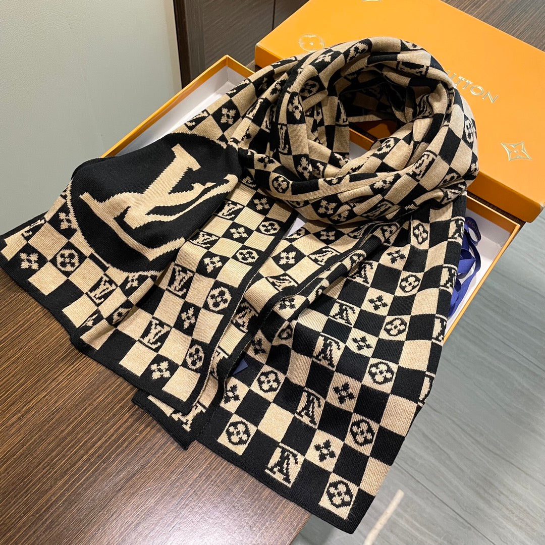 LOUIS VUITTON CLASSIC DAMIER SCARF 200 CM IN TORTILLA BROWN MIX BLACK CASHMERE 389749