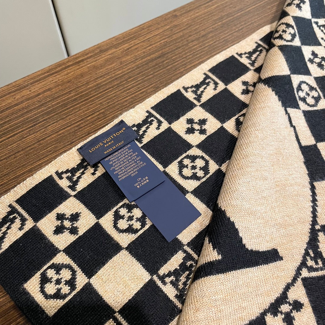 LOUIS VUITTON CLASSIC DAMIER SCARF 200 CM IN TORTILLA BROWN MIX BLACK CASHMERE 389749
