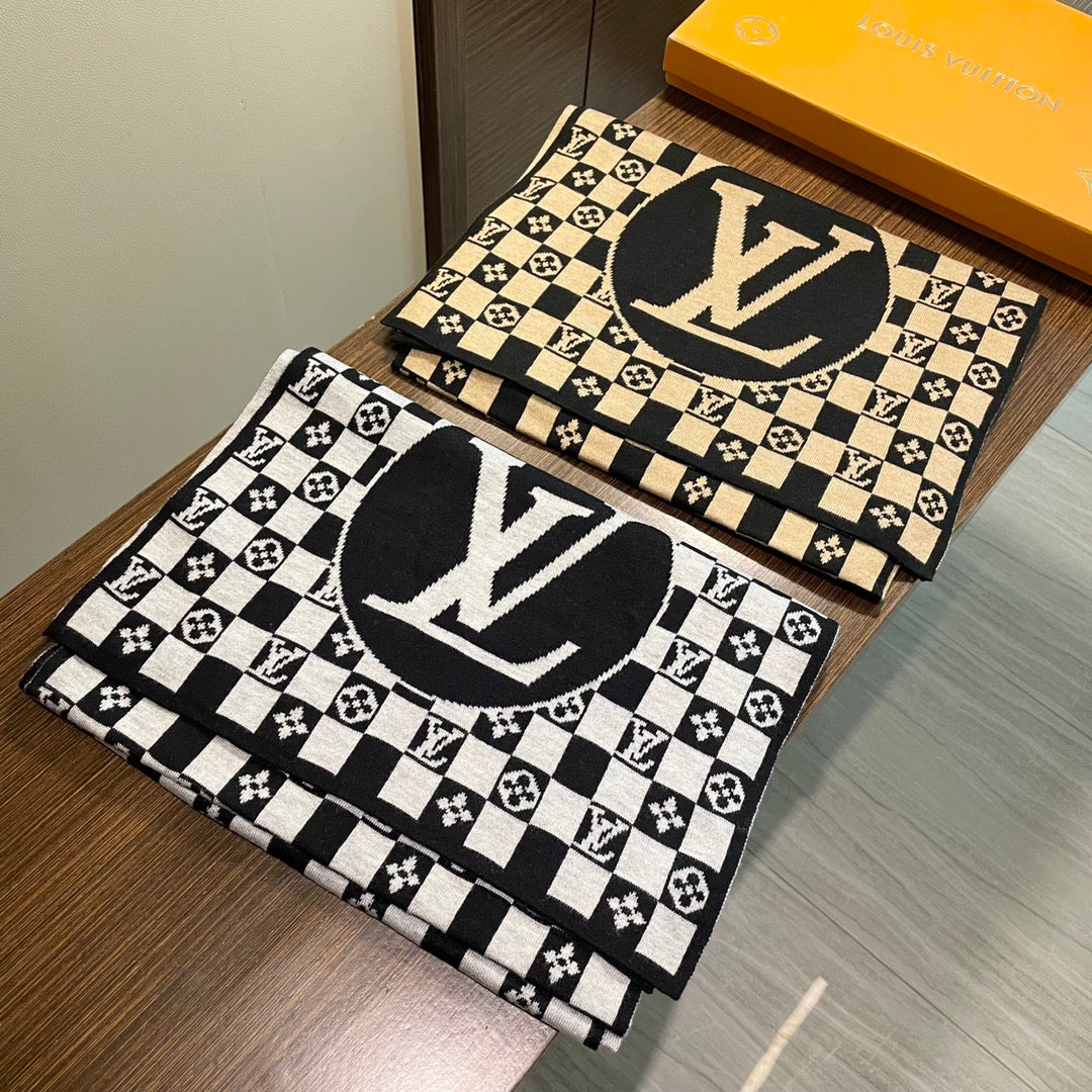 LOUIS VUITTON CLASSIC DAMIER SCARF 200 CM IN BLACK MIX WHITE CASHMERE 389750